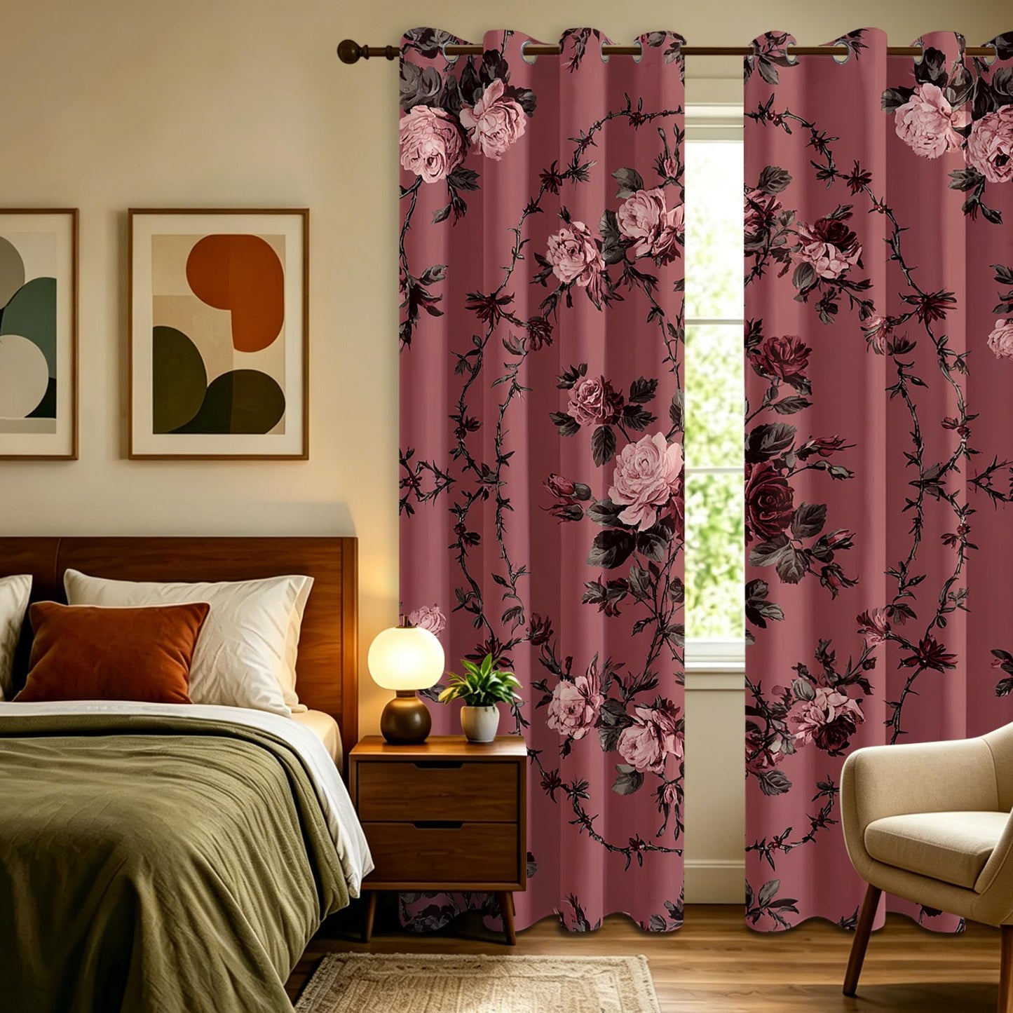 Solvivae Floral Gothic Blackout Curtains for Bedroom Living Room, Vintage Shabby Chic Patterned Window Treatments, Room Darkening Thermal Insulated Grommet Drapes, 45 Inch Curtains 2 Panel Set