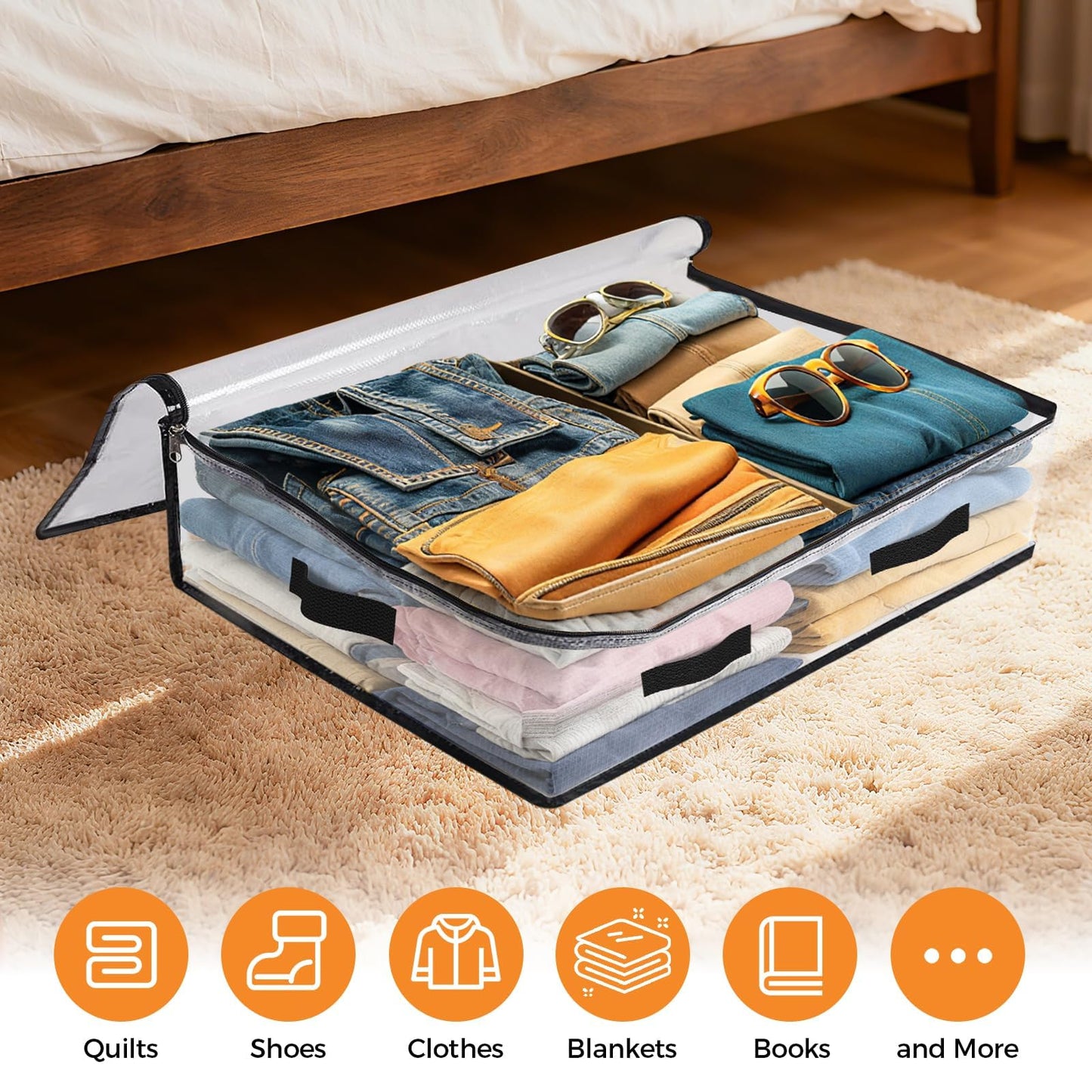 EdenDwell 6 Pack Under Bed Storage Bags, 60L Foldable Clear Storage Containers with Handles, Dual Zippers for Comforter, Clothes, Bedding, Linen Sheets, Sweaters, Blanket Storage