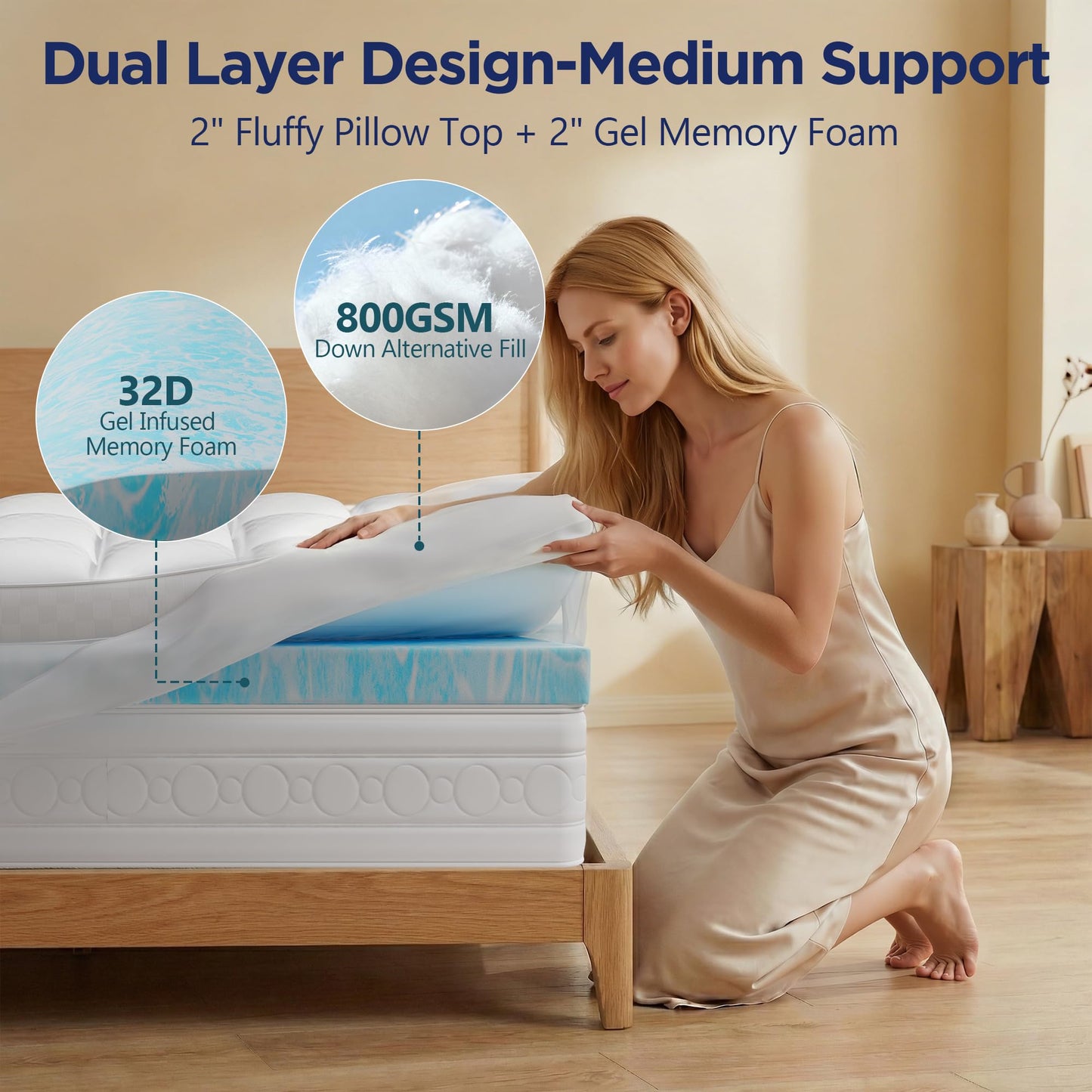 Vine Voice Dual Layer 4 Inch Memory Foam Mattress Topper Twin XL for College Dorm, 2 Inch Cooling Gel Memory Foam and 2 Inch Down Alternative Pillow Top Mattress Pad Cover 8-24 Inch Deep Pocket