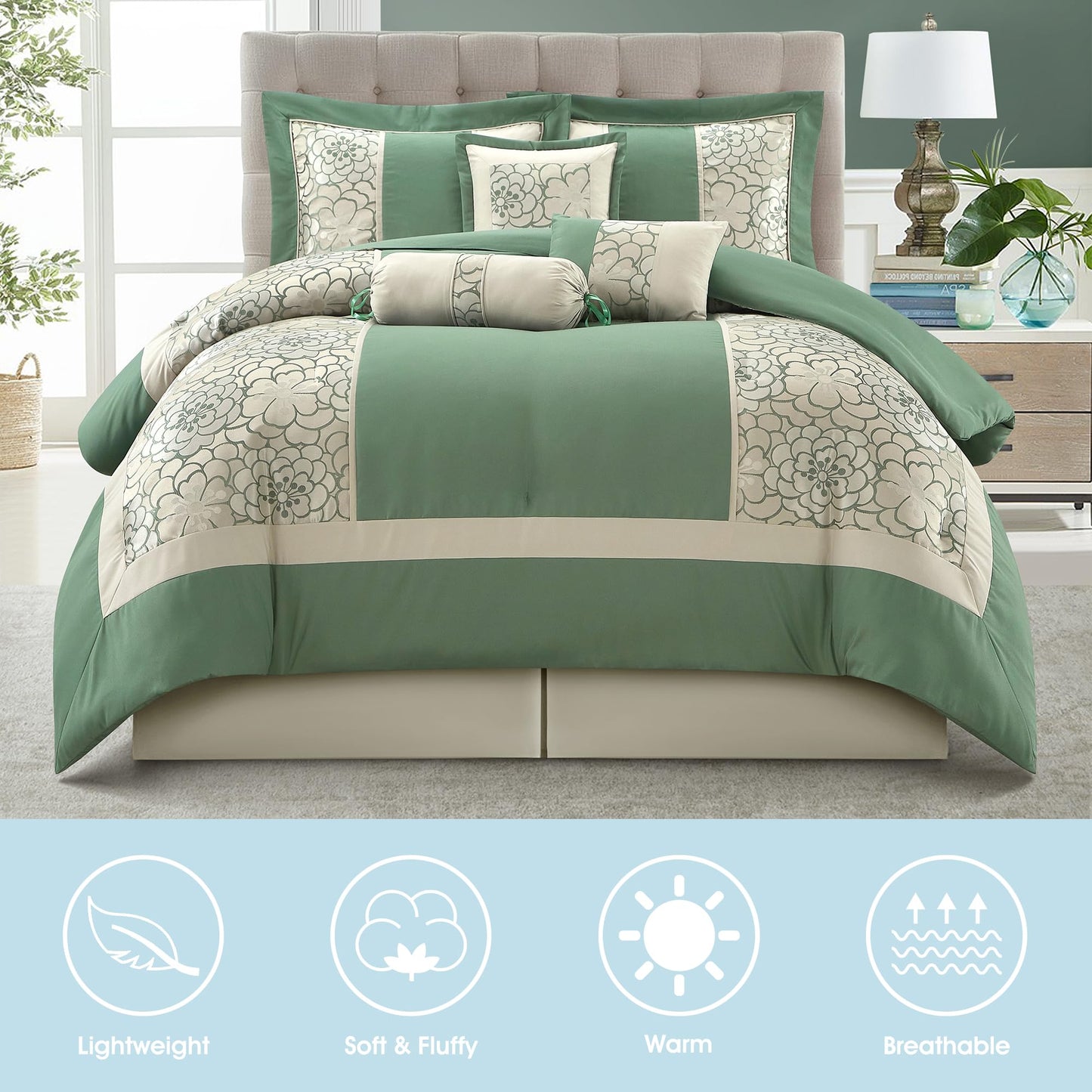 LANCO MODERN LIFESTYLE 7 Piece Queen Comforter Set, Green, Elegant Floral Jacquard, Stylish and Cozy Bedding Collection, Premium Bedding Set with Bedskirt, Shams and Pillows