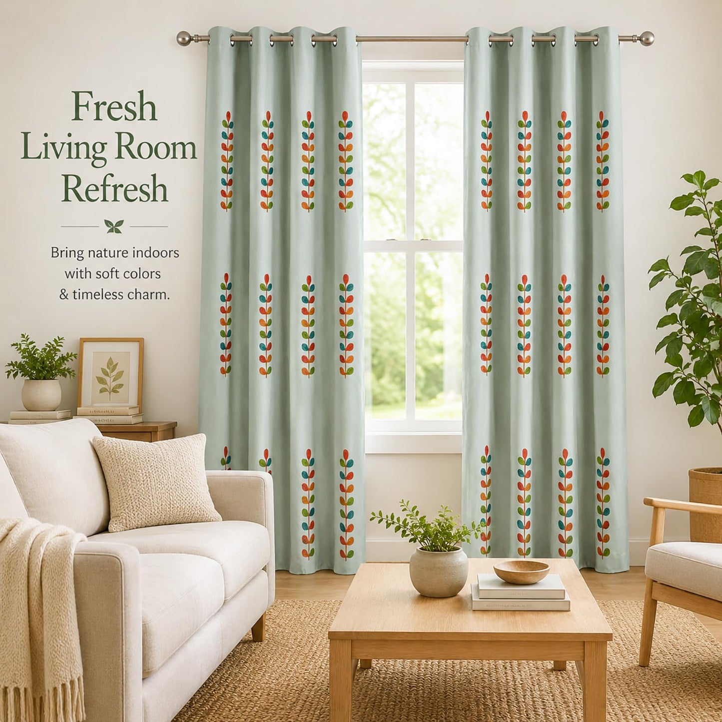 VOGOL Linen Curtains 96 Inches Long, Colorful Leaves Embroidered Grommet Drapes and Curtain Panels for Living Room/Bedroom, 52 X 96, 2 Pieces