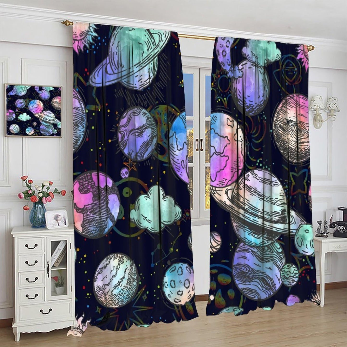 JADERYS Space Blackout Curtains Colorful Universe Galaxy Planet Modern Abstract Art Kids Girls Boys Bedroom Living Room Rod Pocket Decoration Window Drapes 2 Panels W21xL45in
