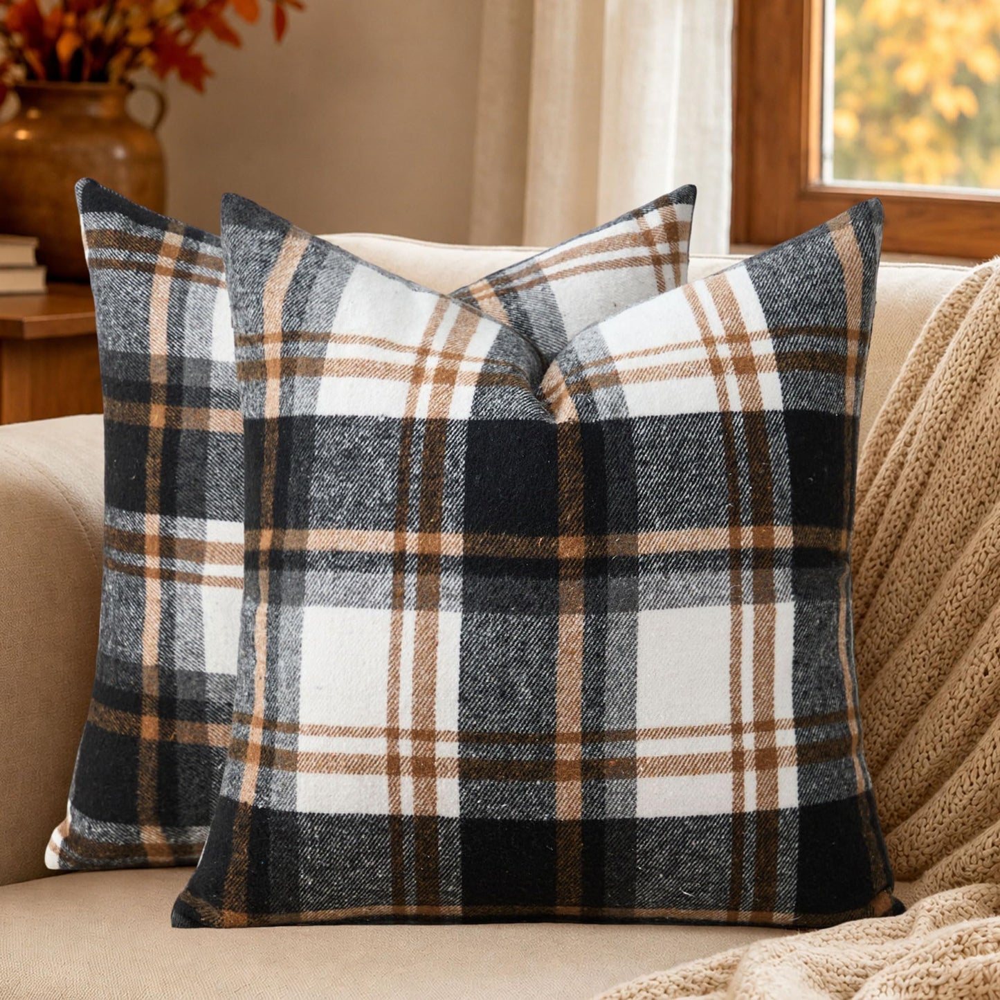 KUYZT Fall Plaid Pillow Covers 18x18 Set of 2 Black Beige Buffalo Plaid Decorative Outdoor Pillowcases Farmhouse Rustic Home Decor for Couch Sofa Bedroom Chair Garden QZ002A18