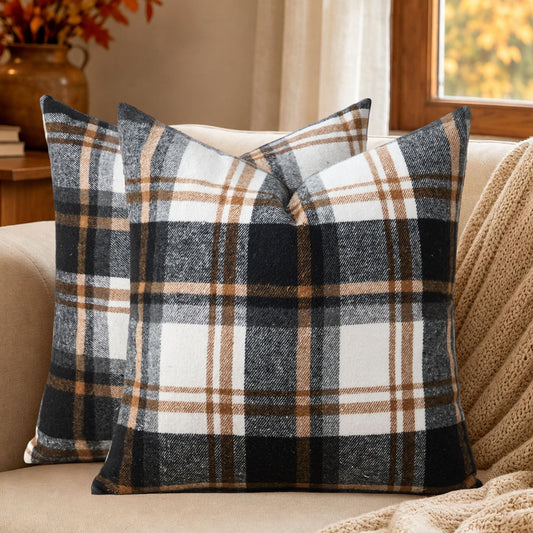 KUYZT Fall Plaid Pillow Covers 18x18 Set of 2 Black Beige Buffalo Plaid Decorative Outdoor Pillowcases Farmhouse Rustic Home Decor for Couch Sofa Bedroom Chair Garden QZ002A18