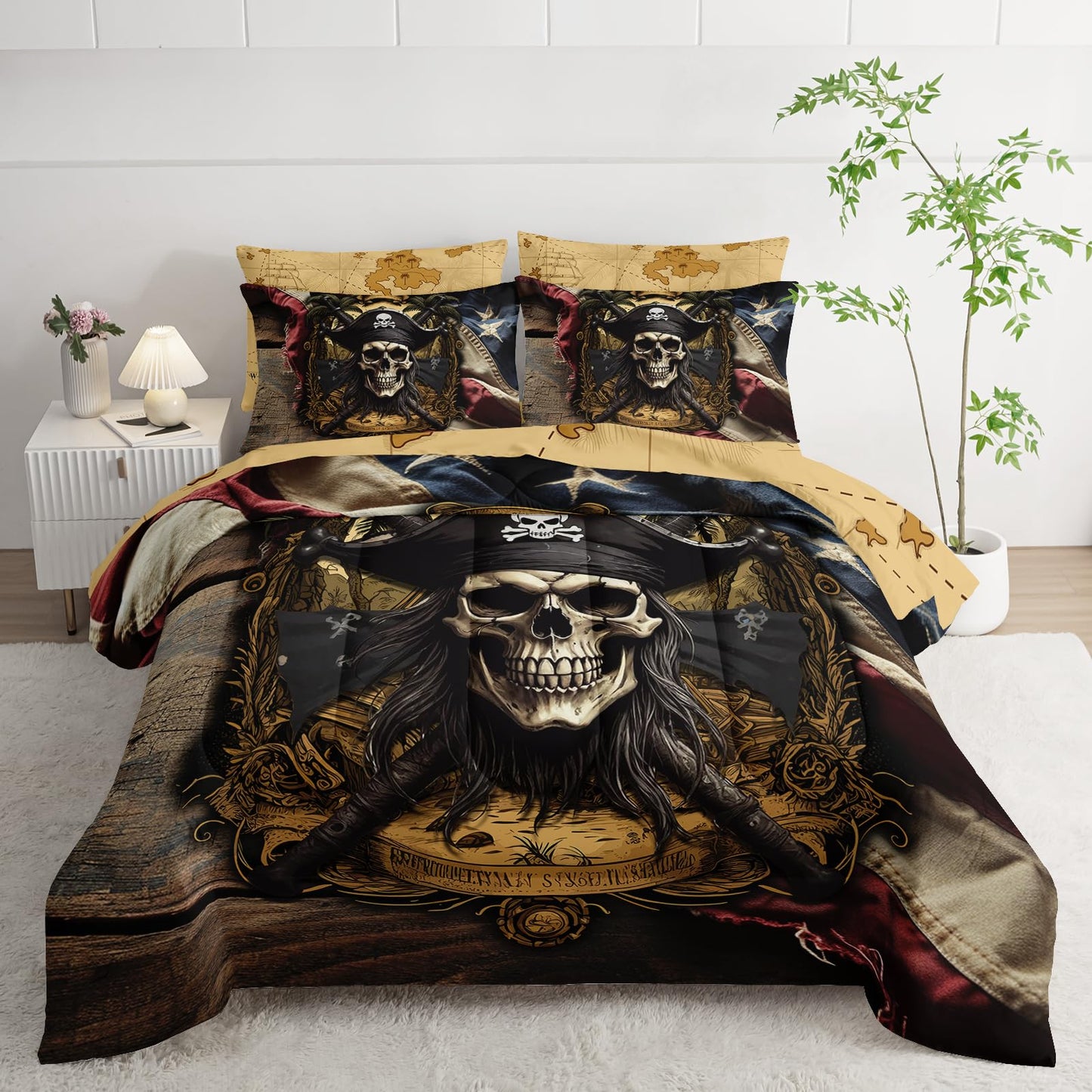 AILONEN Pirate Skull Comforter Set Queen Size,7-Piece Soft Bed in a Bag,Retro American Flag Captain Skull Comforter & Fitted Sheet & Flat Sheet & 2 Pillowcases,2 Pillow Shams