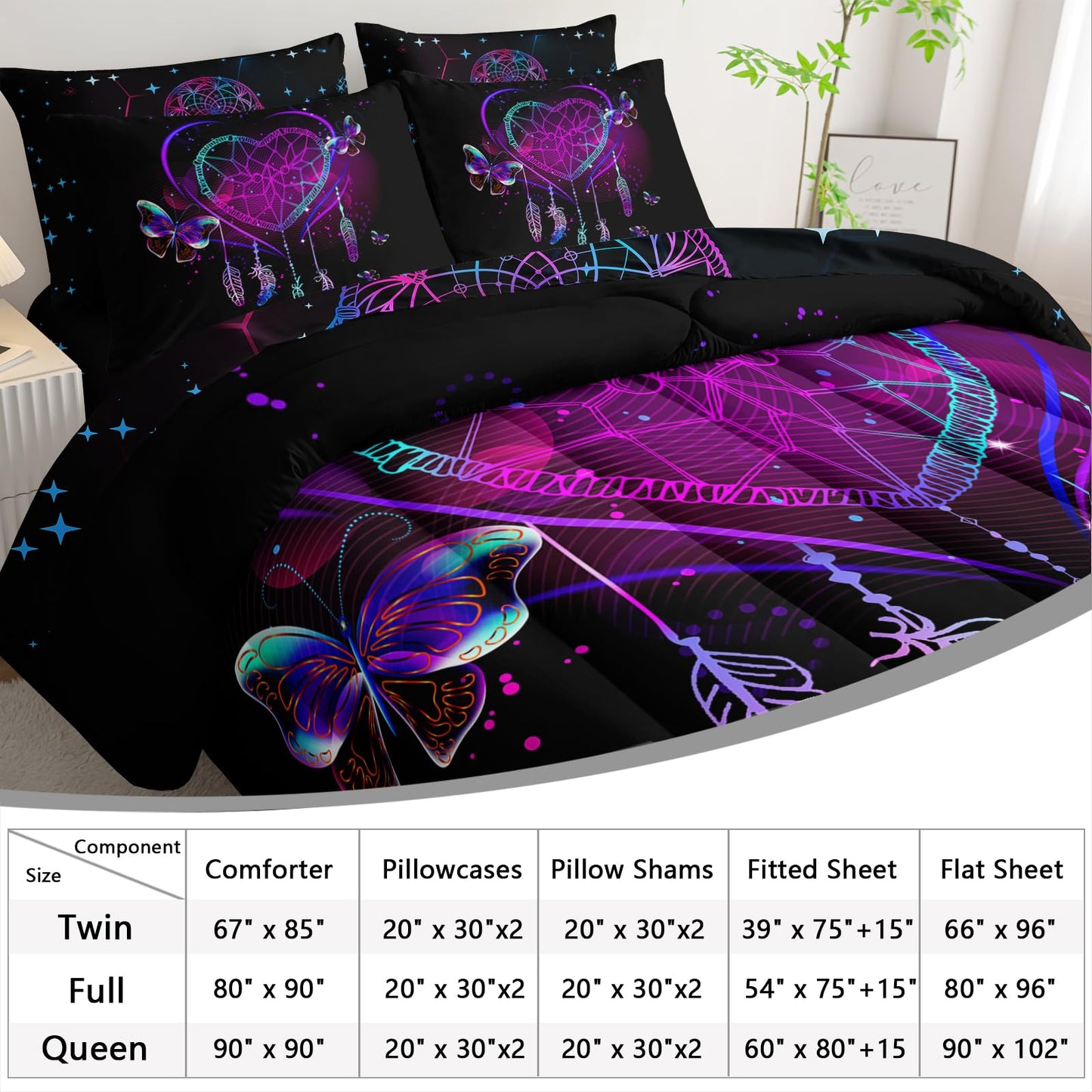 AILONEN Neon Love Comforter Set Twin Size,7-Piece Soft Bed in a Bag,Black Purple Dreamcatcher Comforter & Fitted Sheet & Flat Sheet & 2 Pillowcases,2 Pillow Shams for Bedroom