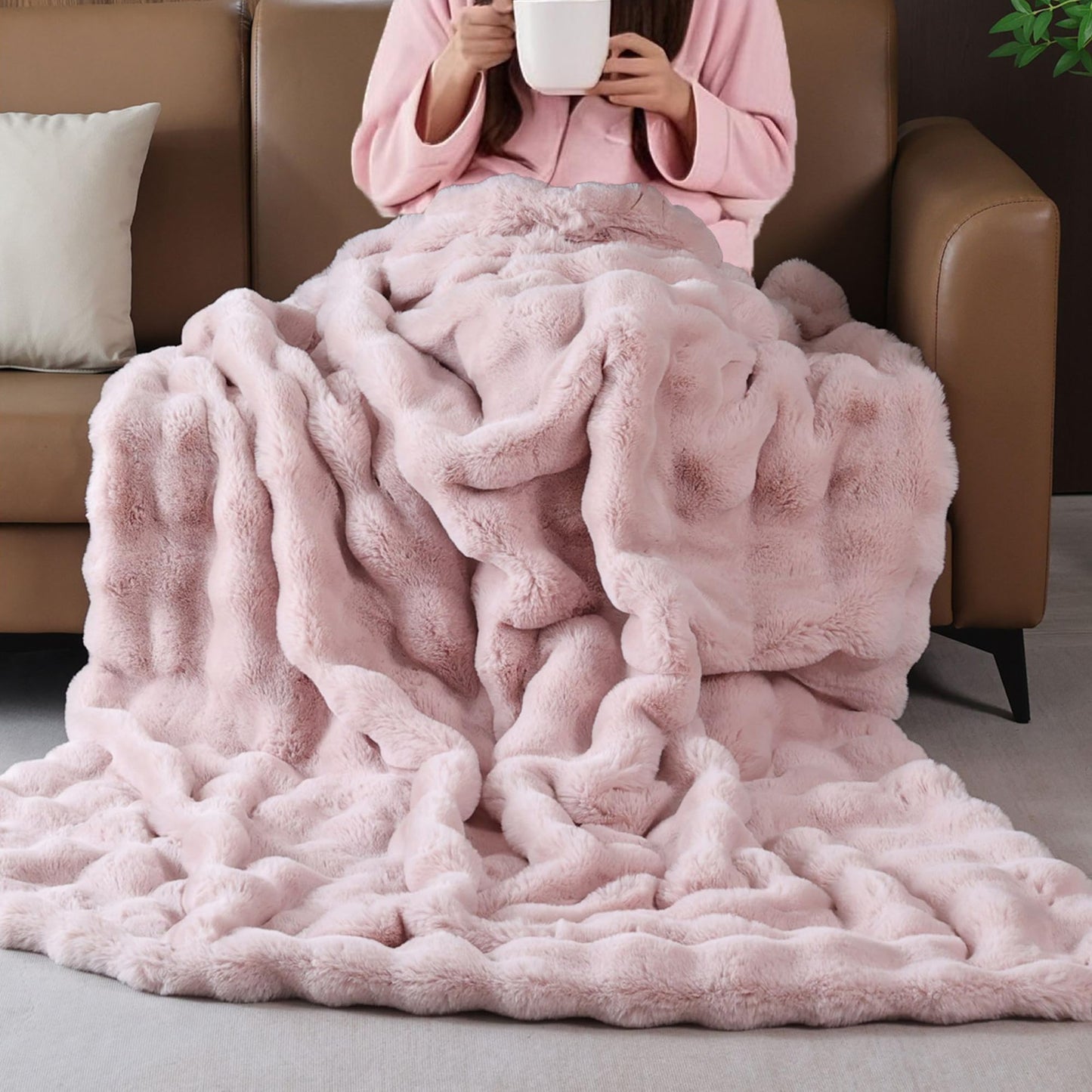 BlanketSolution Fluffy Pink Fuzzy Throw Blankets for Sofa Bedroom Living Room Faux Fur Rabbit 60x80 Decorative Cozy Throw Blanket for Couch Apartment Decor 860 GSM