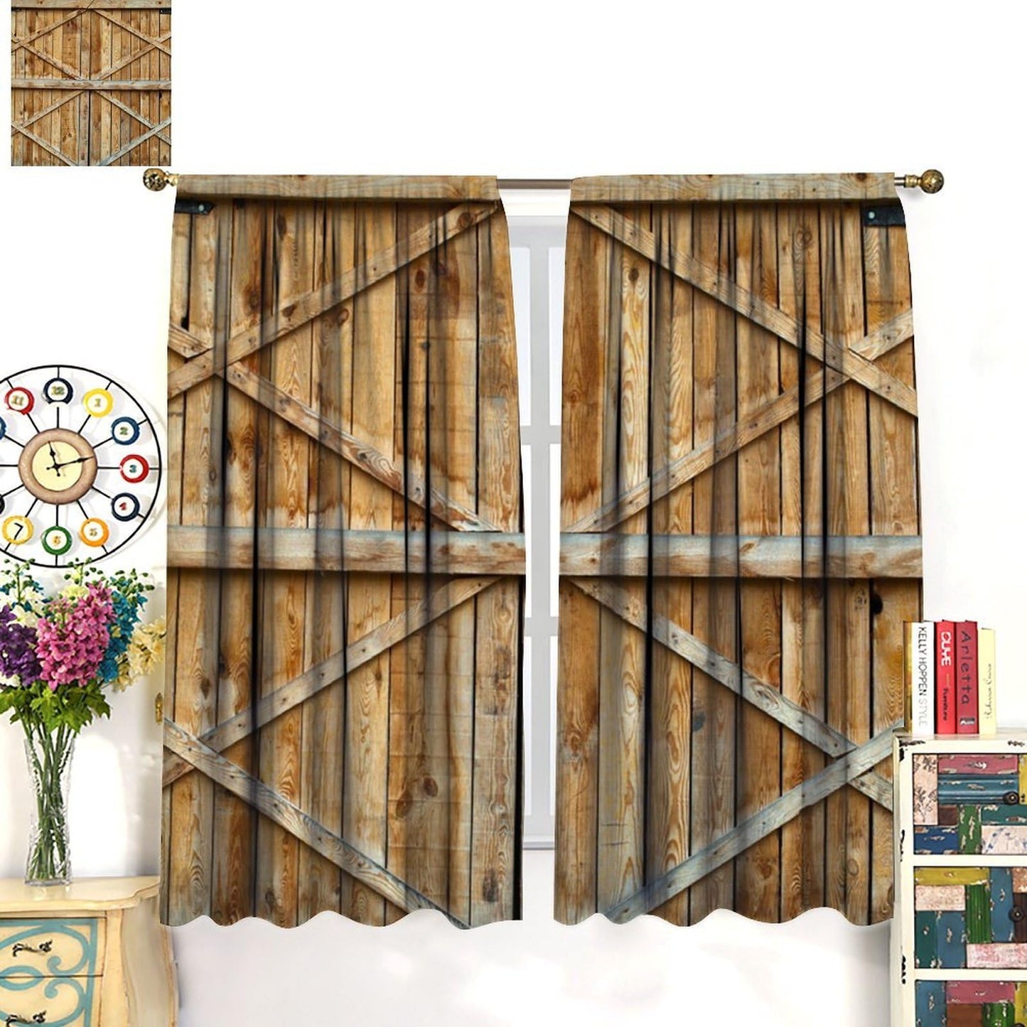Wood Barn Door Decor Curtain, Natural Farmhouse Rustic Warm Double Wooden Door Pattern Print Rod Pocket Window Treatments, for Living Room Bedroom 42" W X 45" L