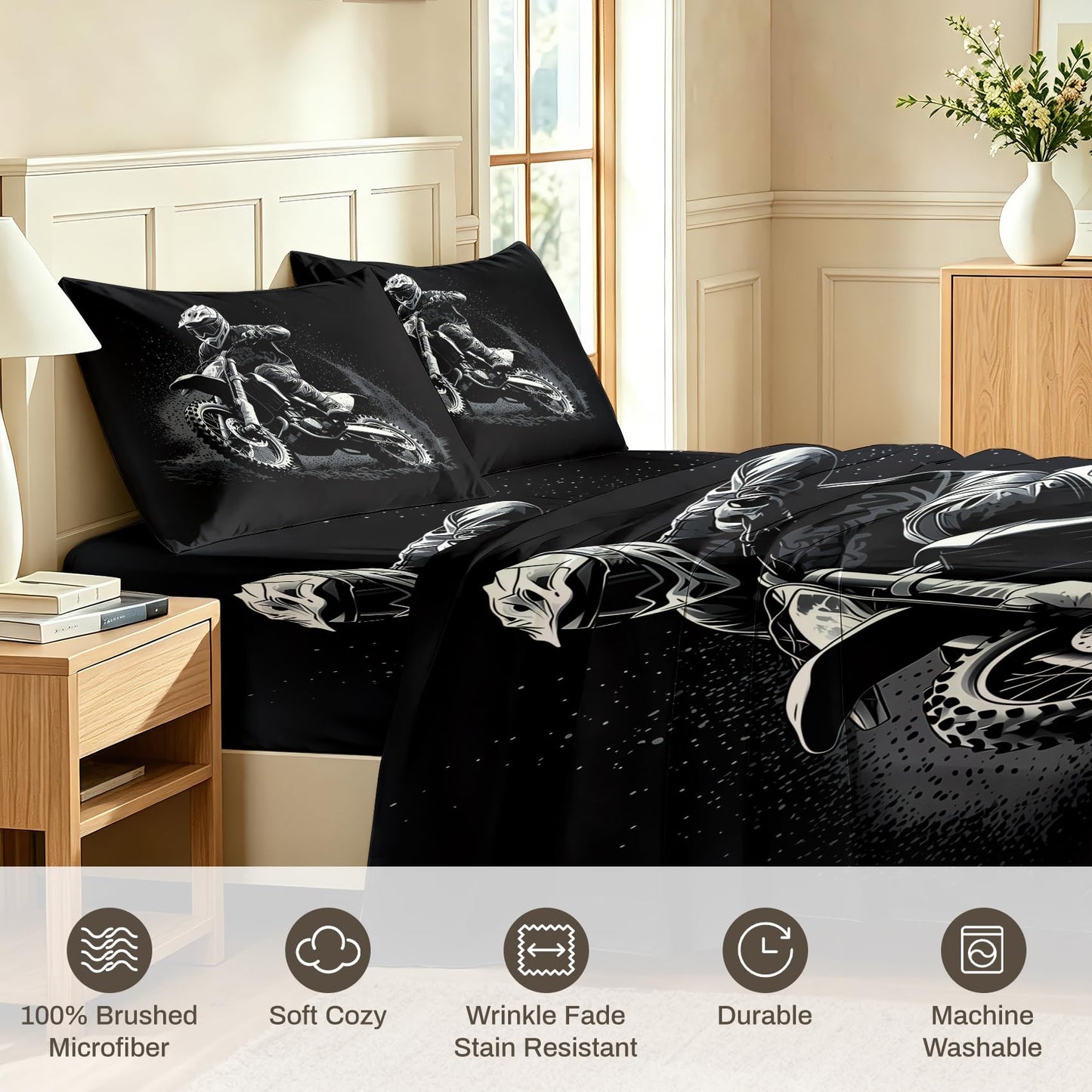 Motocross Queen Sheet Set Dirt Bike Flat Fitted Sheet Sets, Gray Black