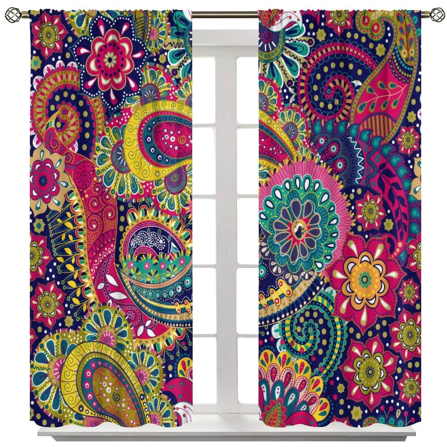 Djaby Paisley Floral Curtains, Colourful Mandala Exotic Flowers Vintage Boho Bohemian Window Treatments for Living Room Bedroom 42" W X 45" L(No Blackout)
