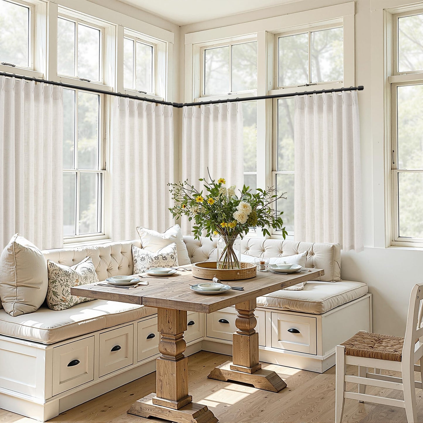 Joywell Kitchen Window Curtains 40 Inch Length - Short Linen Pinch Pleated Drapes 2 Panels, Natural Cream Semi Sheer Light Filtering Privacy Small Curtain with Back Tab Clip Rings 34x40