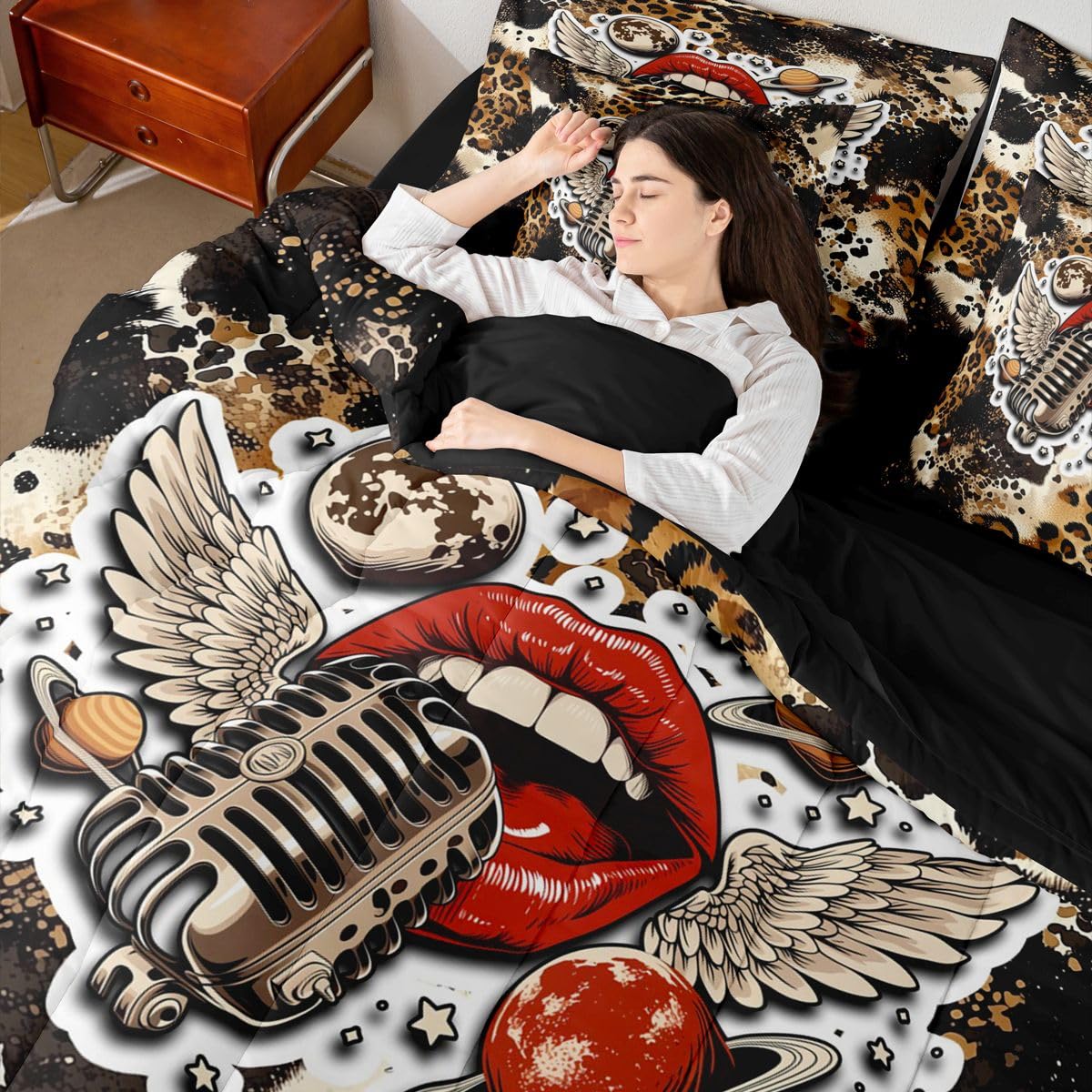 Erosebridal Leopard Print Twin Size Bedding Set Retro Rock & Roll 7 Pieces Comforter Set with Sheets for Women Girl Alluring Lips Bed in a Bag Y2K Trendy Wings & Planets Bed Sets