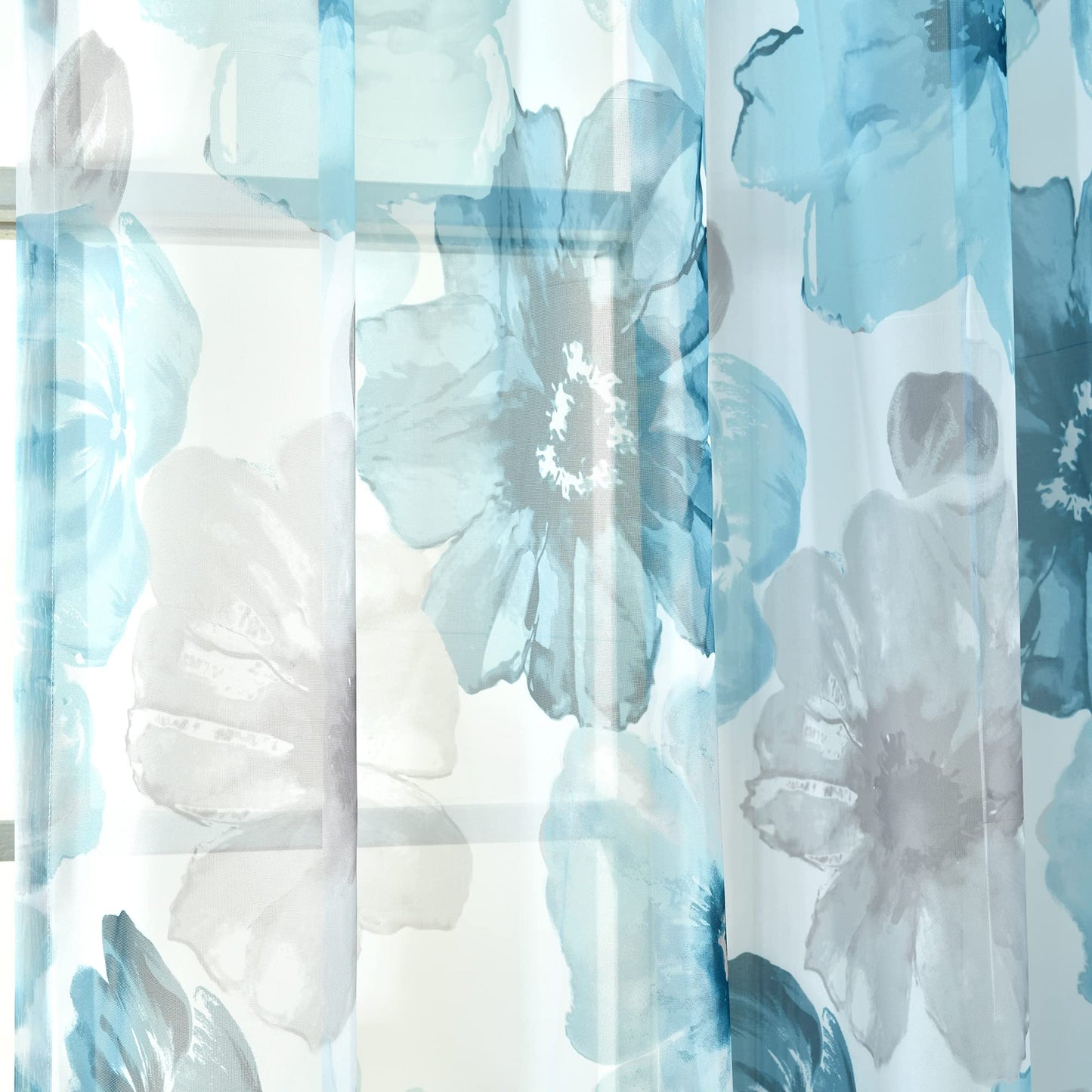 Lush Decor Leah Floral Sheer Window Curtain Panels Pair 52"W x 84"L Blue - Floral Curtains for Bedroom - Sheer Curtains for Living Room