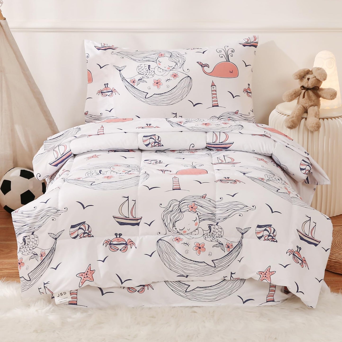 JSD Mermaid Toddler Bedding Set, 4 Piece Ocean Theme Bed-in-a-Bag Toddler Comforter Sheet Set, Machine Washable