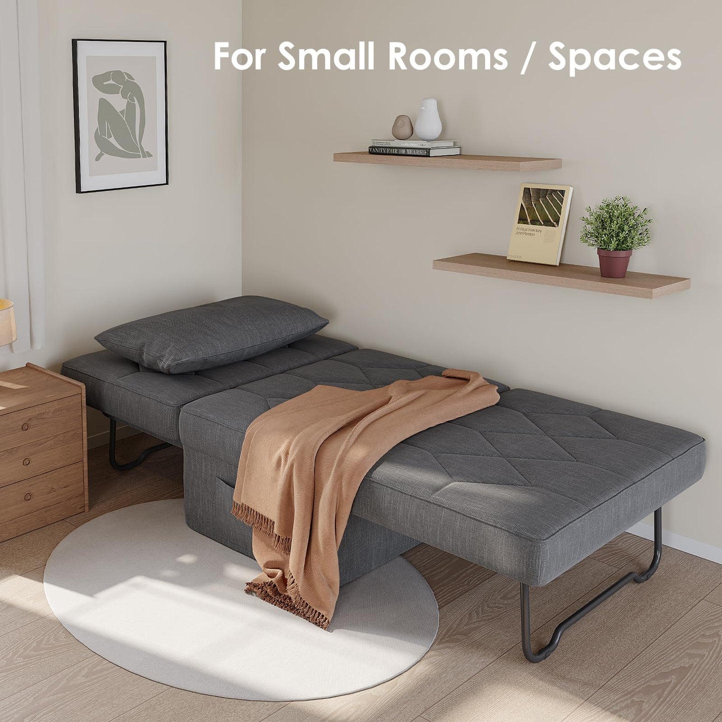 DSNAPE Ottoman Bed with 5-Level Adjustable Backrest, 70" D x 34" W 4-in-1 Convertible Sleeper Chair Bed, Folding Sofa Bed for Living Room, Apartment, Dorm & Small Space, Dark Grey