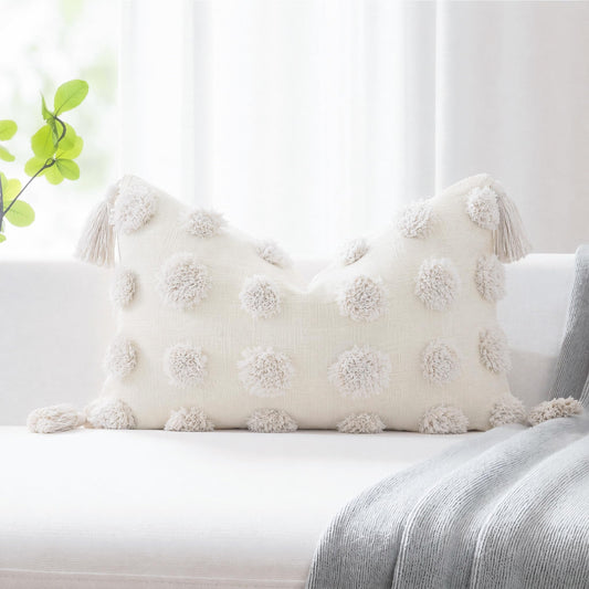 PANOD Super Soft Farmhouse Decorative Plush Throw Pillow Covers 12 x 20 White,Solid Pom pom Tufted with Tassels Modern Accent Boho Lumbar Cushion Cover Pillow Case for Couch Sofa