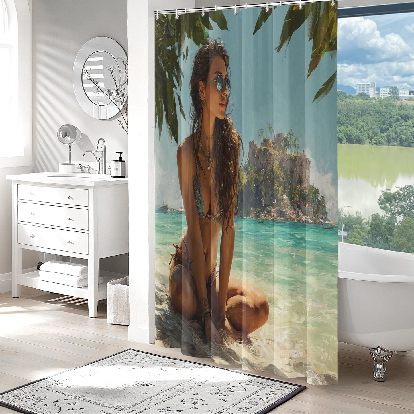 Tropical Shower Curtain Beach Seaside Bathroom Curtain Sexy Woman Shower Curtain with Hooks, Bathroom Decor, 36x72