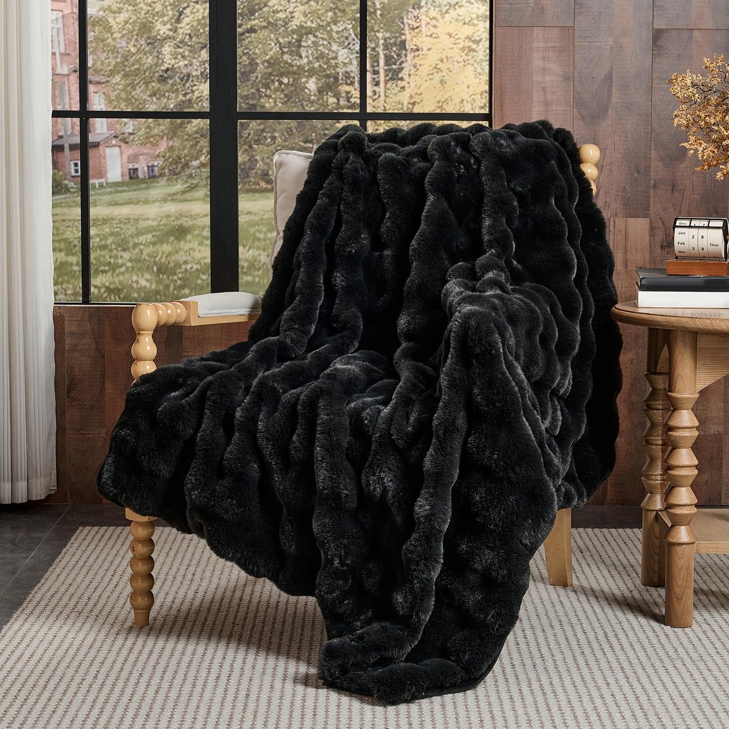 Lotus Karen Faux Fur Throw Blanket Black - Big Bubble Rabbit Fluff Blanket for Couch, Small Fluffy Fuzzy Cozy Blanket, Thick Furry Plush Shaggy Blankets, 50x60 Inches