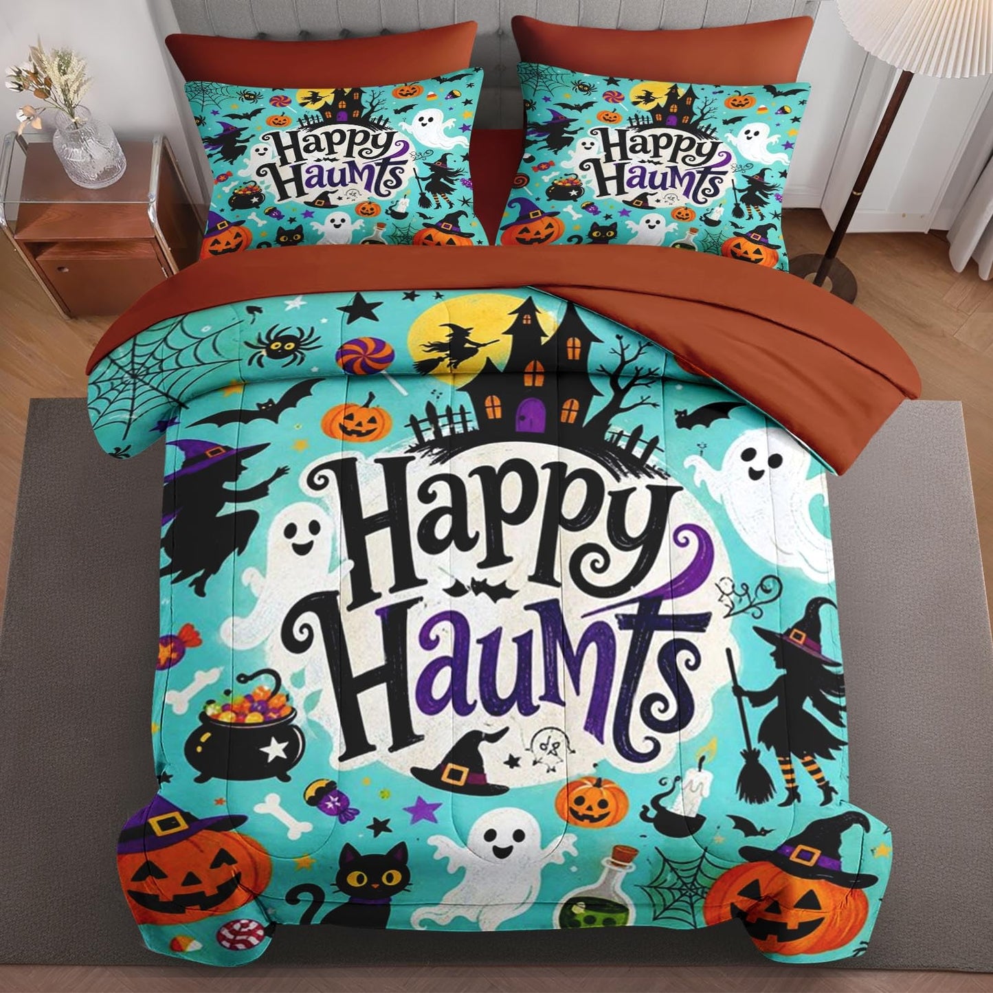 Boewywh Comforter Set Twin Size Halloween Witch Ghost 7 Pcs, Bedding for Kids and Adults, Bed Sheet Sets with Fitted Sheet 2 Pillowcases & 2 Shams for Bedroom Bed Decor