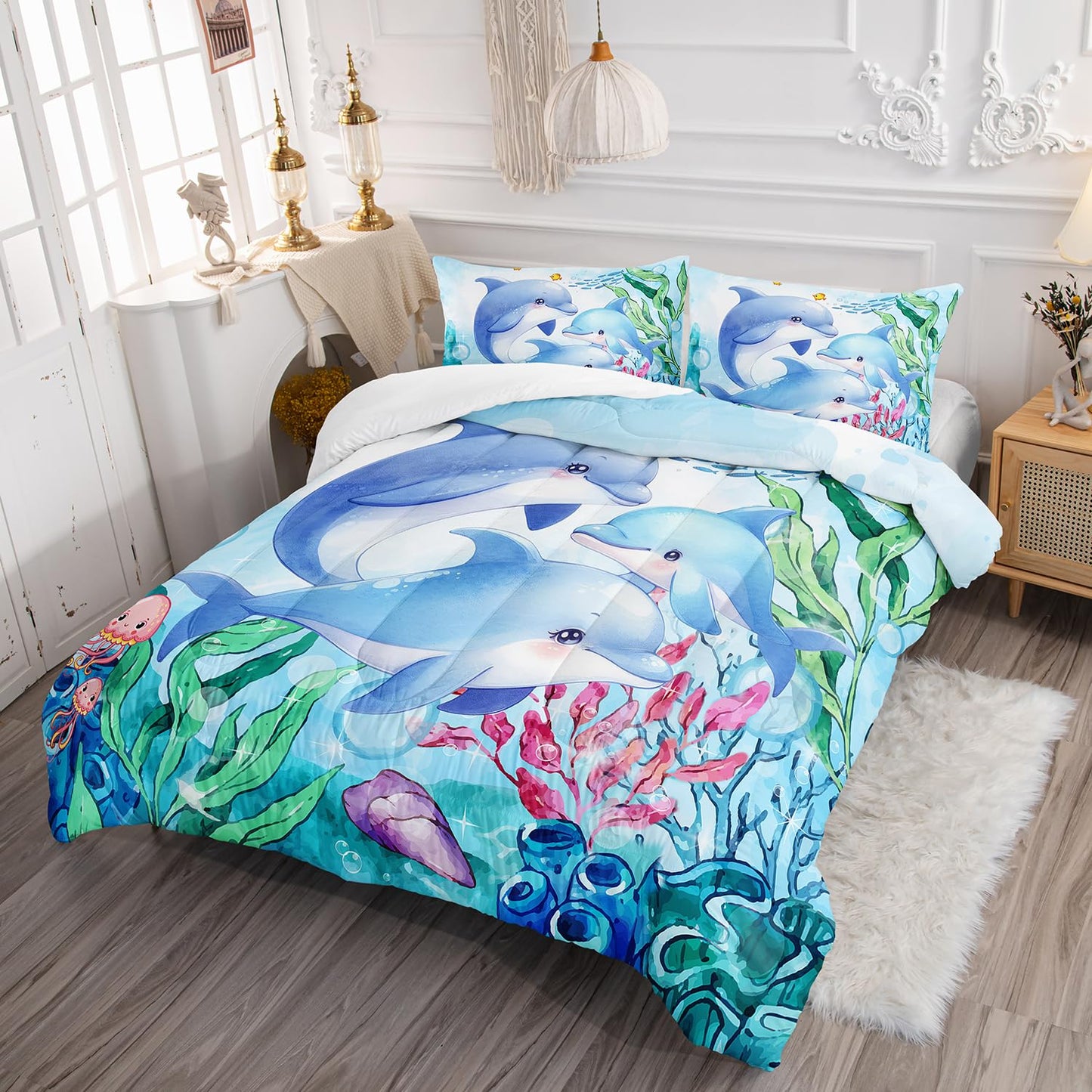 XYNHML Dolphins Animal Aqua Blue Green Sea Comforter 3pcs Full Kids Coral Jellyfish Comforter Set for Boys Girls Ocean Waves Bedding Fish Quilt Bed Set with 1 Comforter and 2 Pillowcases
