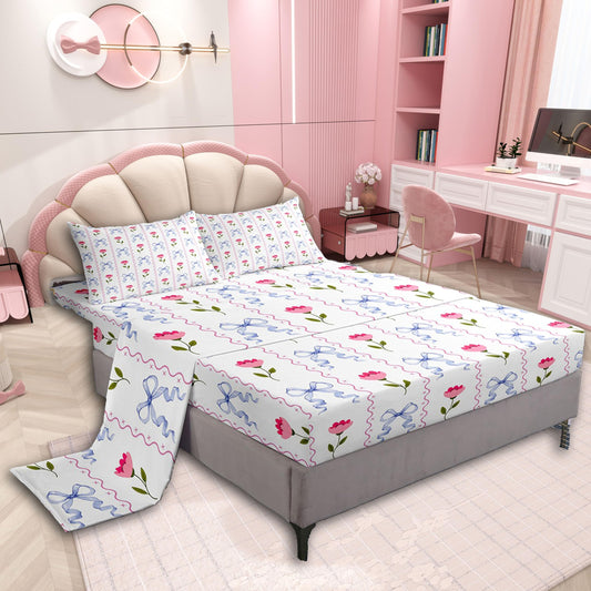 jejeloiu Bow Bed Sheets Set Twin Size Rose Deep Pocket Fitted Sheet Colourful Bowknot Bedding Sets Rose Floral Flower Soft Bed Set 3Pcs with 1 Pillow Cases
