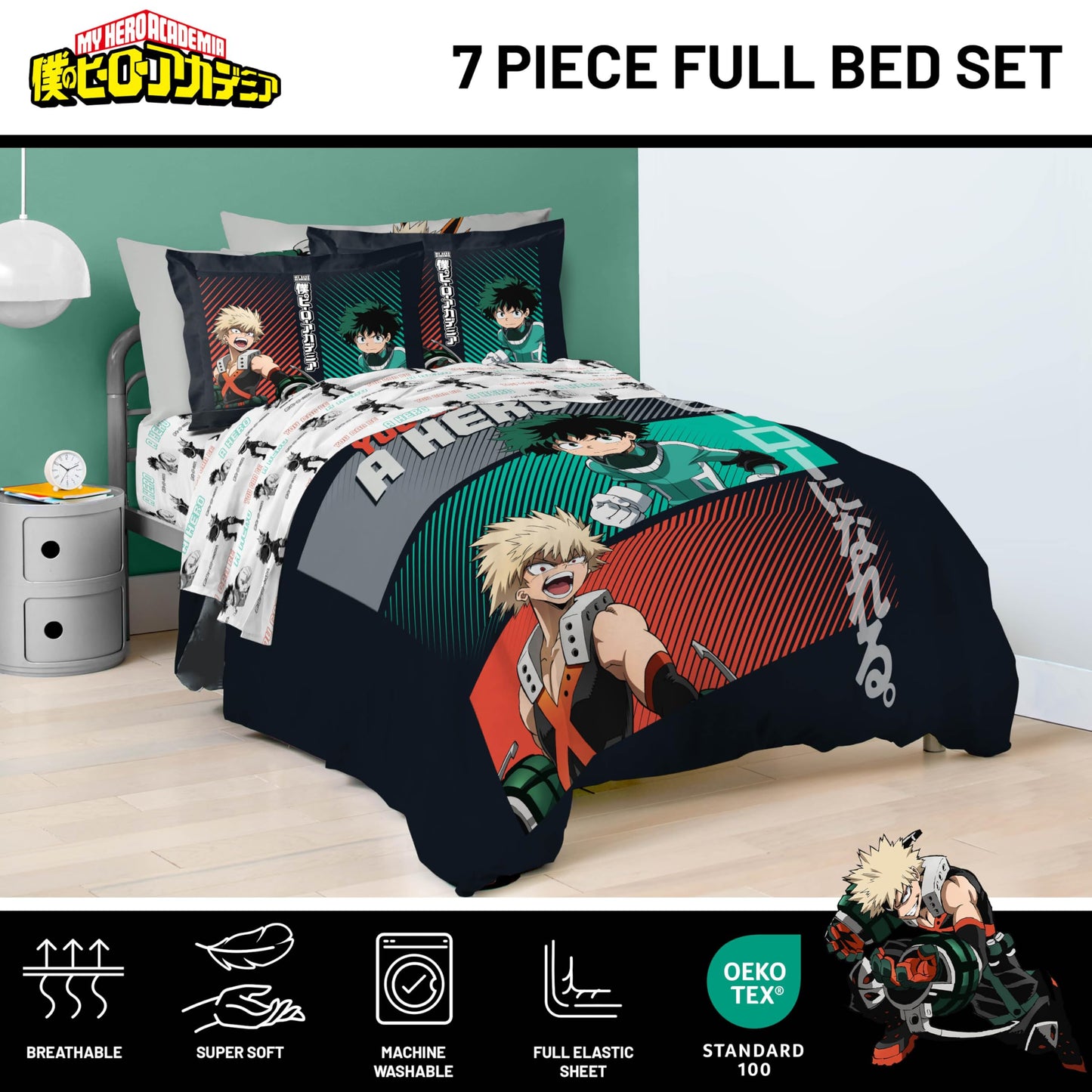 Jay Franco Kids Bed Set, Black, My Hero Academia, 7 Piece Full