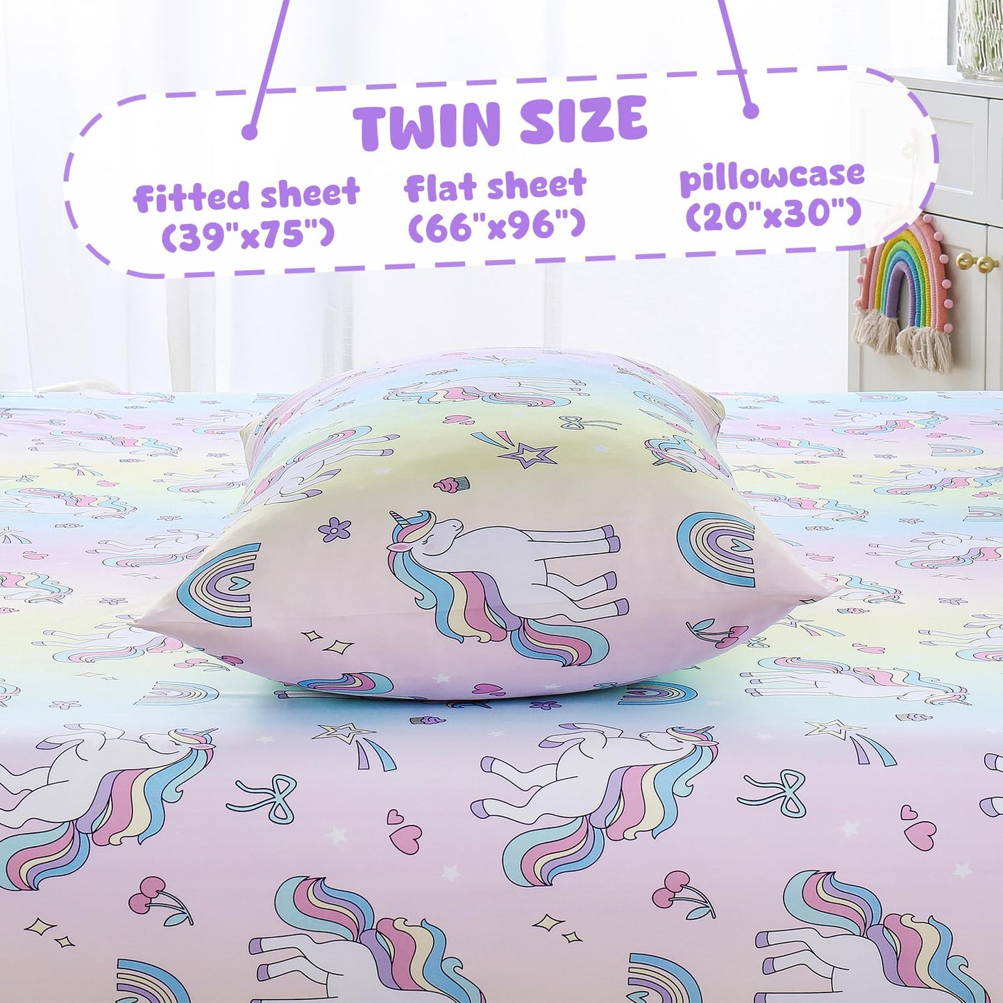 LONAVA Twin Sheet Set Kids - 3 Pieces Soft Microfiber Cartoon Style Bedsheets for Boys Girls Teens, Oeko TEX, Breathable Deep Pocket Sheets (Rainbow Unicorn)