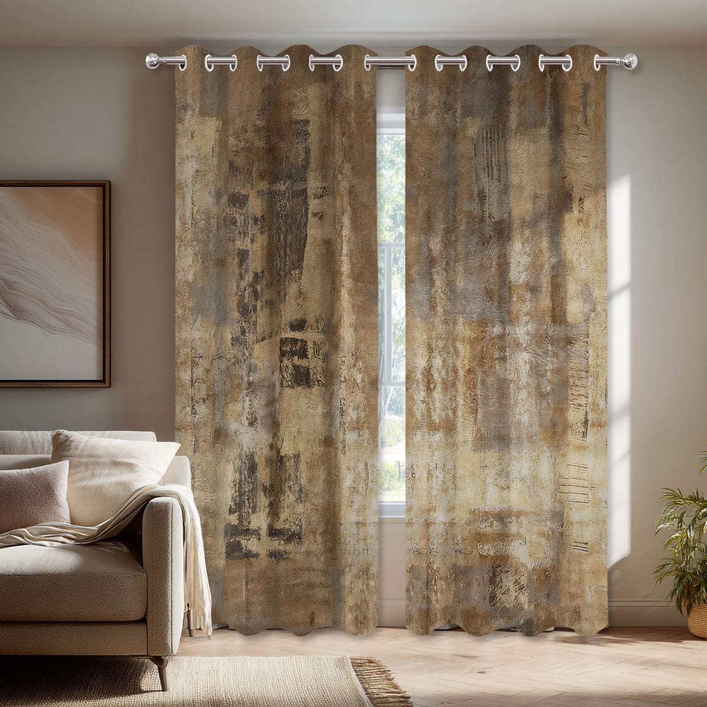 Shrahala Brown Abstract Art Blackout Window Curtains, Grey Acrylic Thermal Insulated Curtains Grommet Top Window Drapes for Living Room, Bedroom (2 Panels,52 x 63 in)