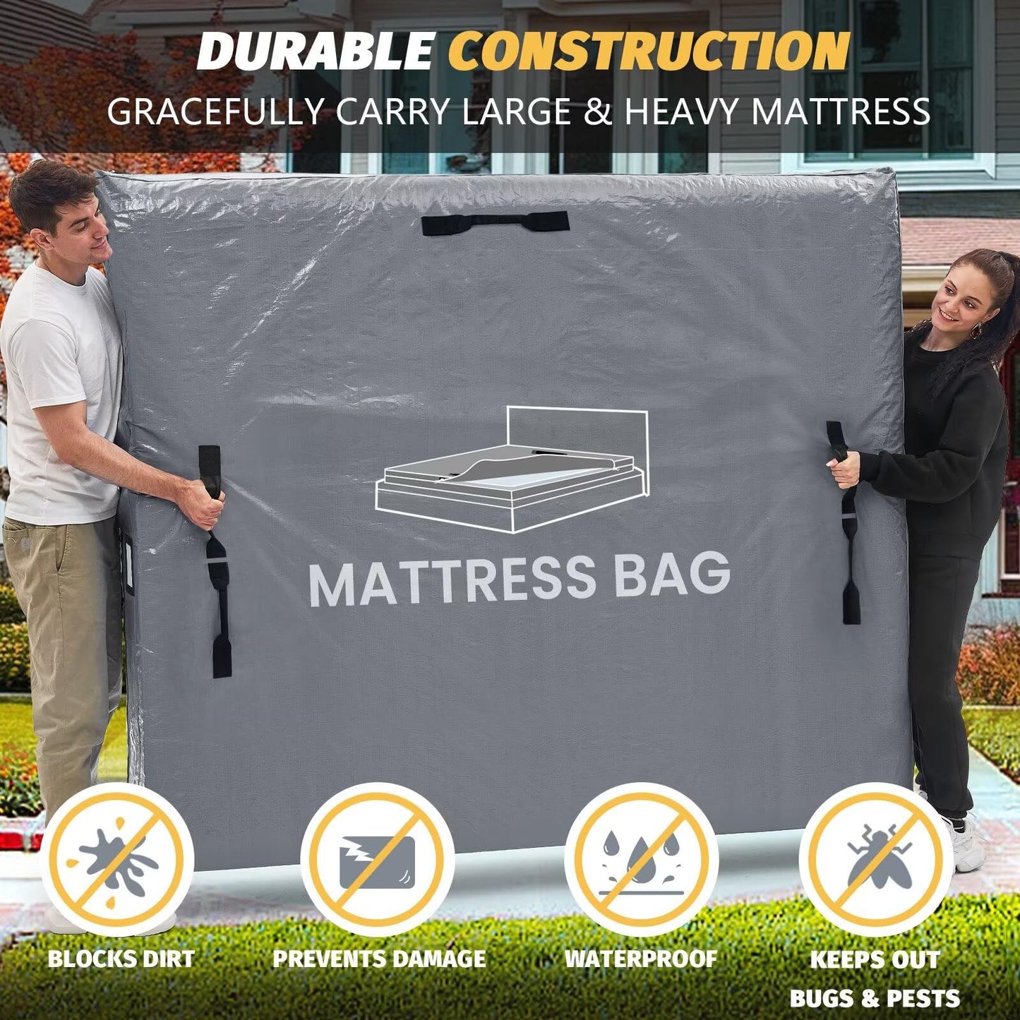 Mattress Bags for Moving and Storage, BETU Twin Mattress Protector Waterproof Mattress Cover with 8 Heavy Duty Handles and Zipper Extra Thick Moving Supplies for Dorm Bed Reusable (77x42x13.5 Grey)