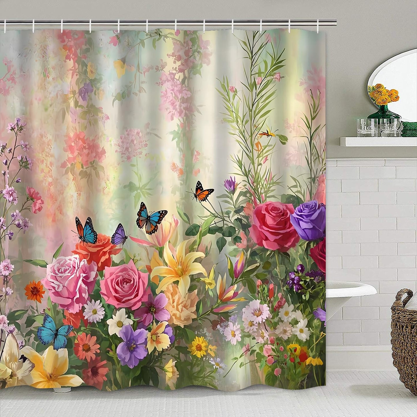 DDQQ 4-Piece Butterfly Floral Shower Curtain Set Botanical Aesthetic Flower Bathroom Set with Shower Curtain and Rugs, Cute Fun Decorative Bath Curtain with Hooks for Home Decor