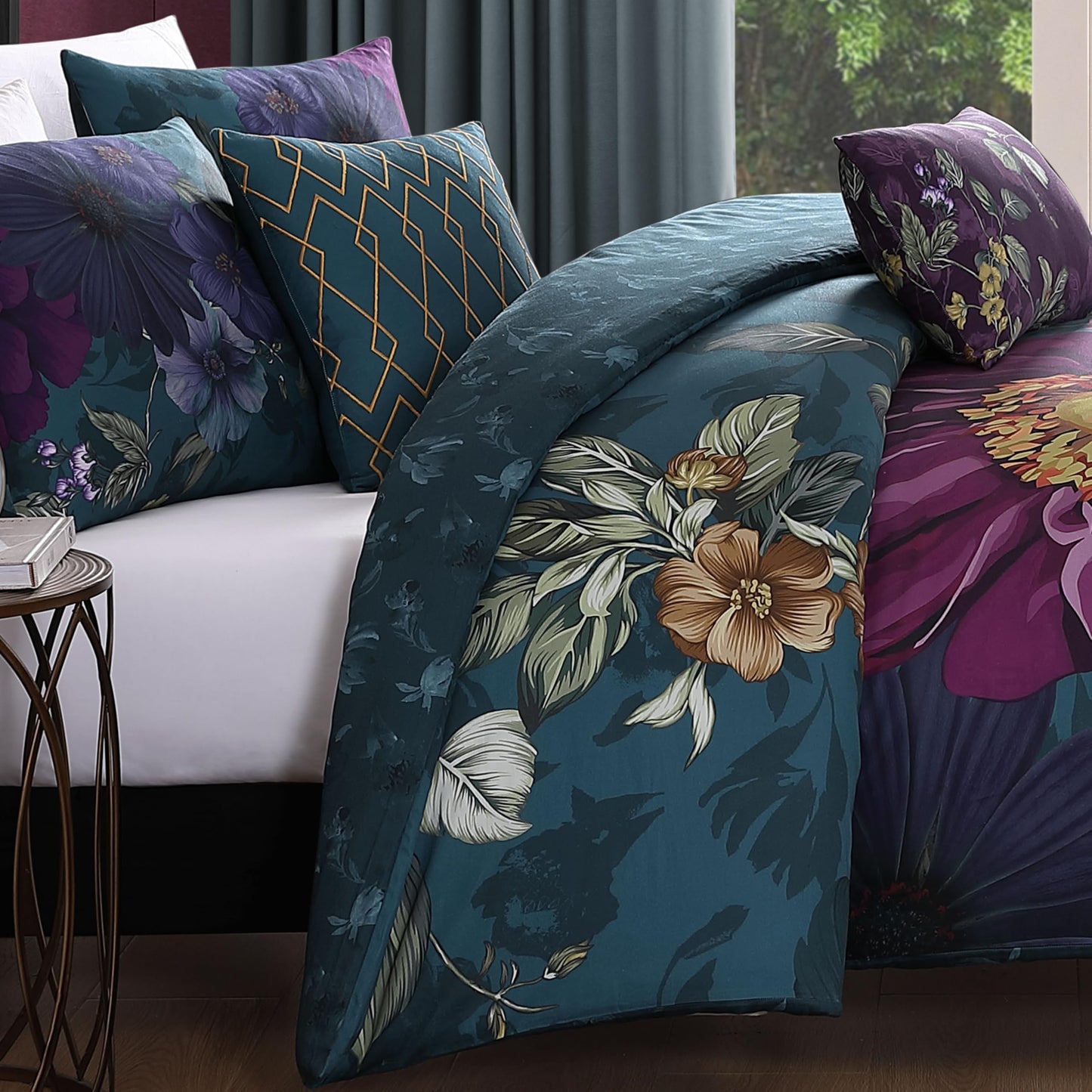 Bebejan Vibrant Flora 5 Piece Comforter Set, 100% Cotton Sateen, 220 Thread Count, Reversible Bedding Comforter Set, 1 Comforter, 2 Shams & 2 Pillows (King/Cal King)