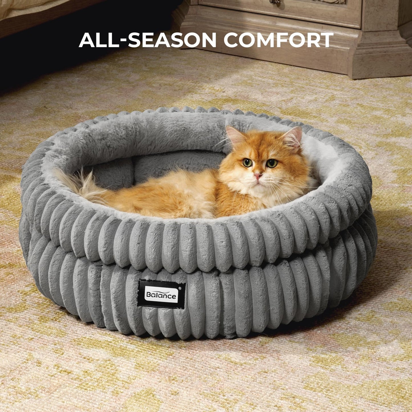 BALANCE Cat Bed Kitten Bed, Washable Round Cat Beds for Indoor Cats, Super Soft Plush Faux Fur Pet Bed for Puppy and Kitten with Anti-Slip Bottom