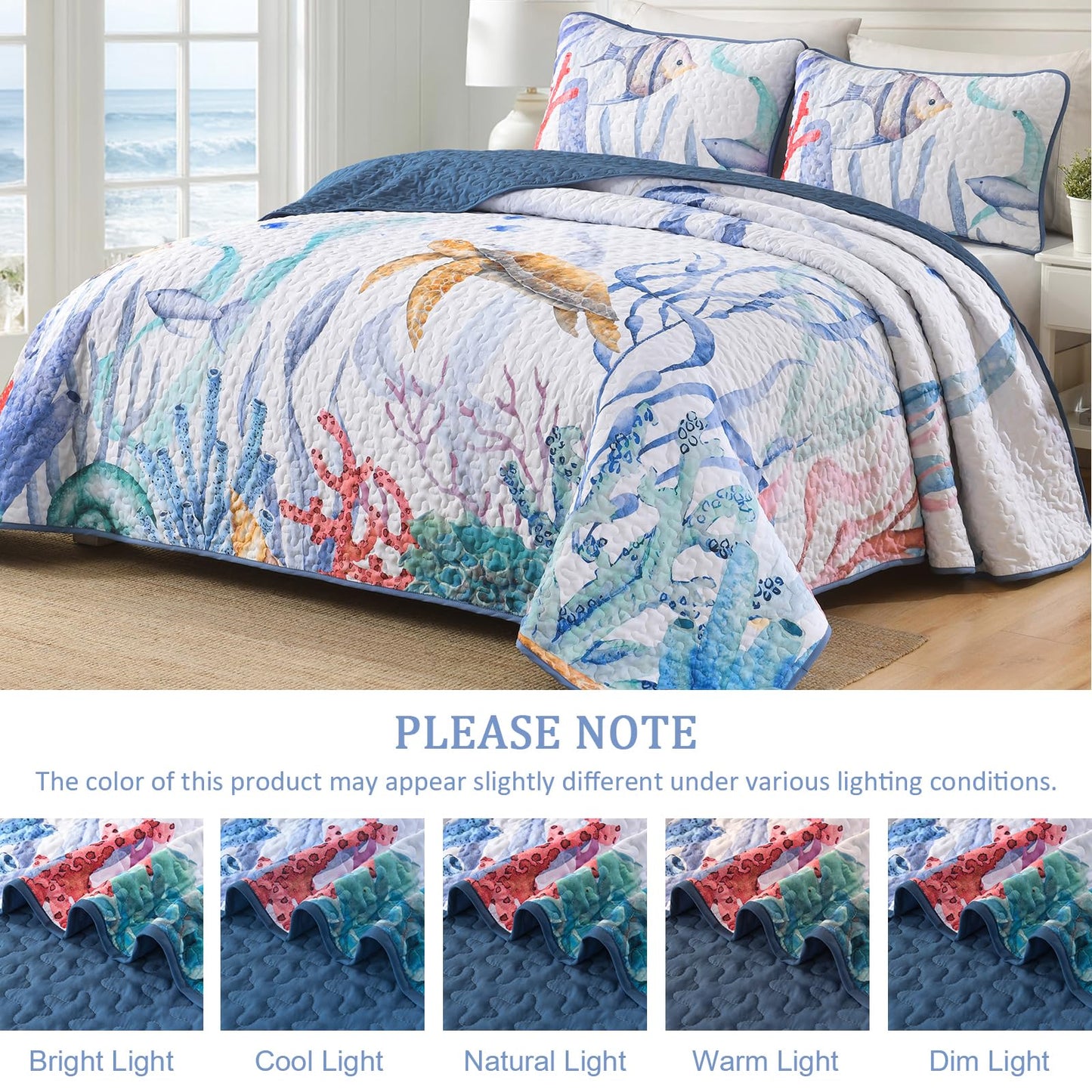 DJY King Quilt Bedding Set Size - 3 Pcs All Season Coastal Beach Ocean Lightweight Reversible Microfiber Coverlet Quilt Bedspread Queen Size Bedding with 1 Quilt, 2 Pillow Shams