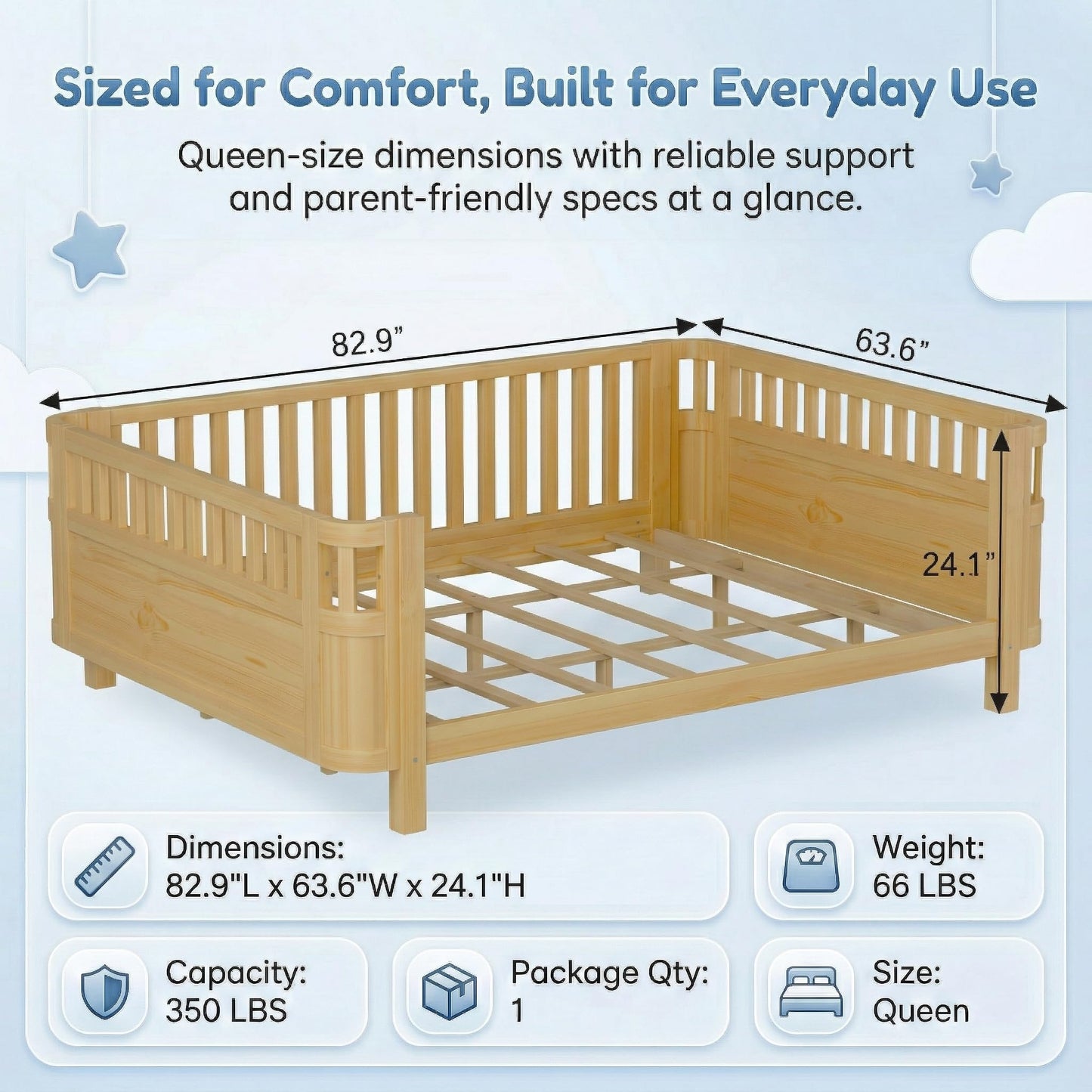 Duxelifin Queen Bed Frame for Kids with Rails, Low Profile Montessori Queen Bed with Detachable Side Rail, Solid Pine Wood Kids Daybed with Headboard, Footboard & Slat Support for Boys Girls, Natural