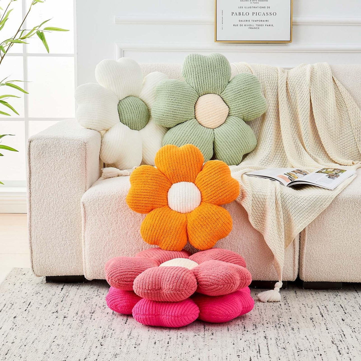 Kcvvcr Flower Throw Pillow, Cute Flower Shaped Pillow Decorative Throw Pillow for Bed Couch, Soft Daisy Pillows Floor Seating Cushion Cushions (14.9 Inch White+Green)