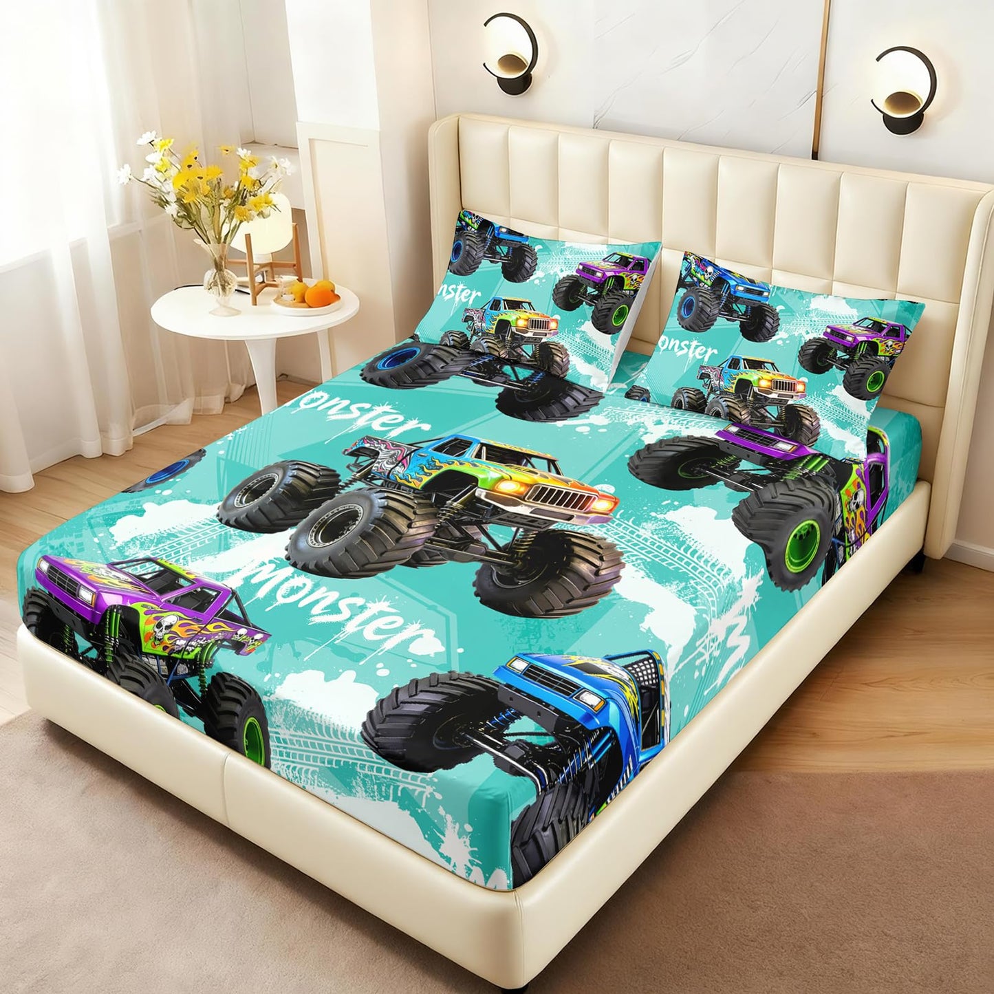 AILONEN Teal Graffiti Monster Truck Twin Fitted Sheet Set 3 Piece,Skull Flame Racing Bedding with 2 Pillowcases,Off Road Vehicle Linens for Boys Kids,16 Inch Deep Pocket Microfiber