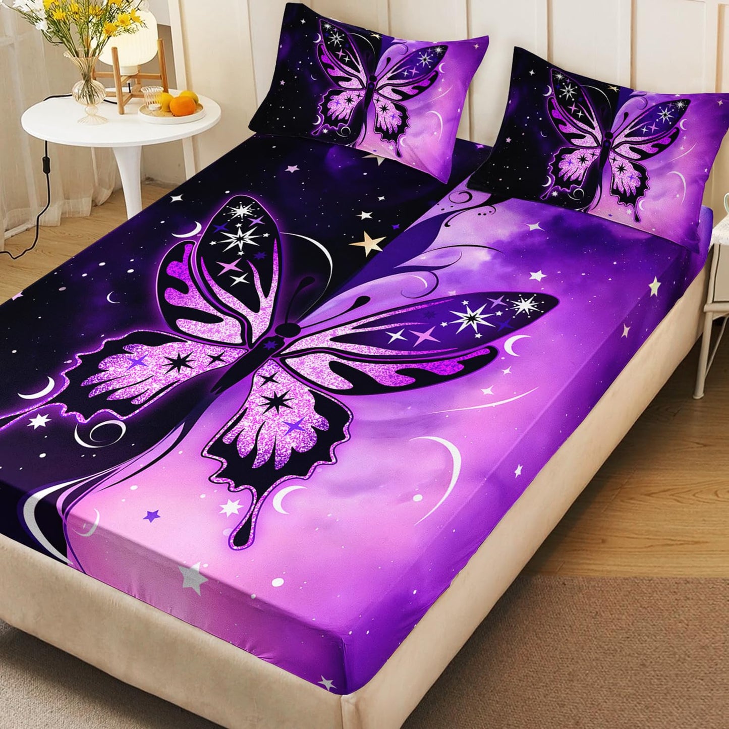 HOSIMA Butterfly Twin Bedding Sets for Girls Room Decor,Symmetrical Aesthetics Butterfly Fitted Sheet,Black Purple Background Print Animal Bedding with Stars Pattern,1 Fitted Sheet+2 Pillowcases.