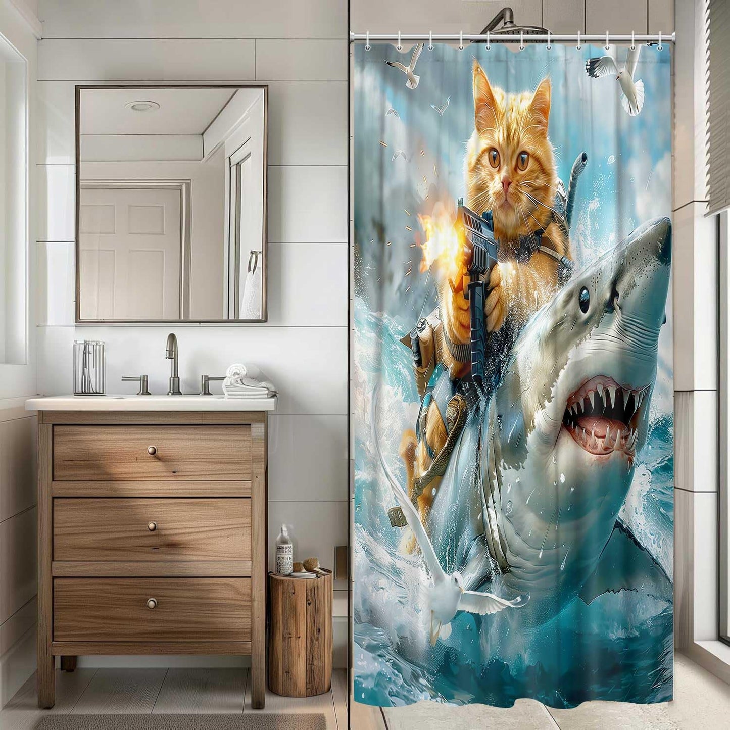 JAWO Funny Cat Shower Curtain, Riding Shark Theme Ocean Nautical Kids Bathroom Decor, Cute Cool Cat Fabric Curtain With Hooks, 70x70IN