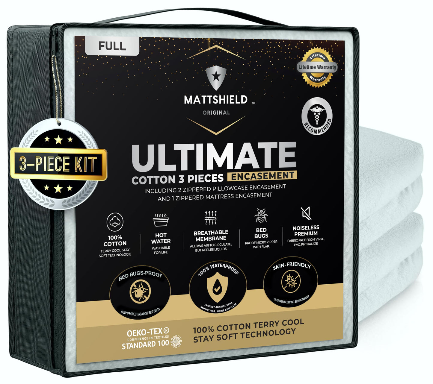 MATTSHIELD Ultimate 3-Piece Kit - Bed Bug-Proof Mattress Cover Full Size 100% Cotton Top + 2 Pillow Protectors with Zipper - 6 Sided Waterproof Encasement, Total Defense Kit