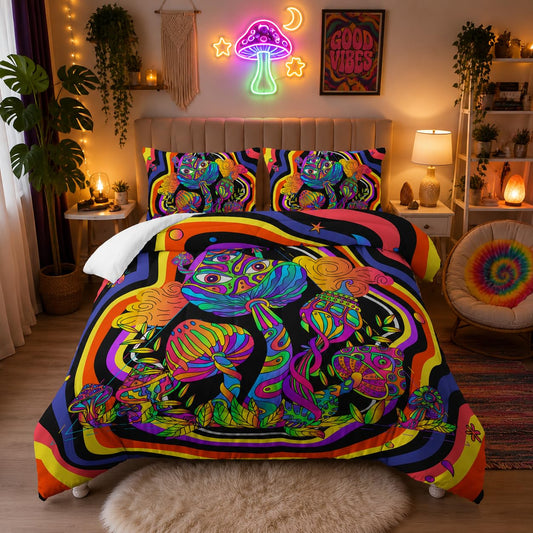 Nttopship Mushroom Comforter Set for Women, Retro Groovy 3 Pieces Bedding Set Queen Size Hippie Mushroom Bedding Set for Women Teen Room Decor with 1 Comforter 2 Pillowcase