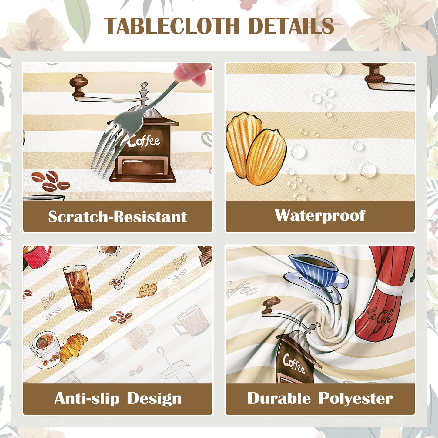 Arquiel Coffee Themed Table Cloth Rectangle Machine Washable Tablecloth, 55 * 70 inch, Polyester Table Cover for Kitchen Dinner Party Outdoor Decor Gifts for Coffee Lovers
