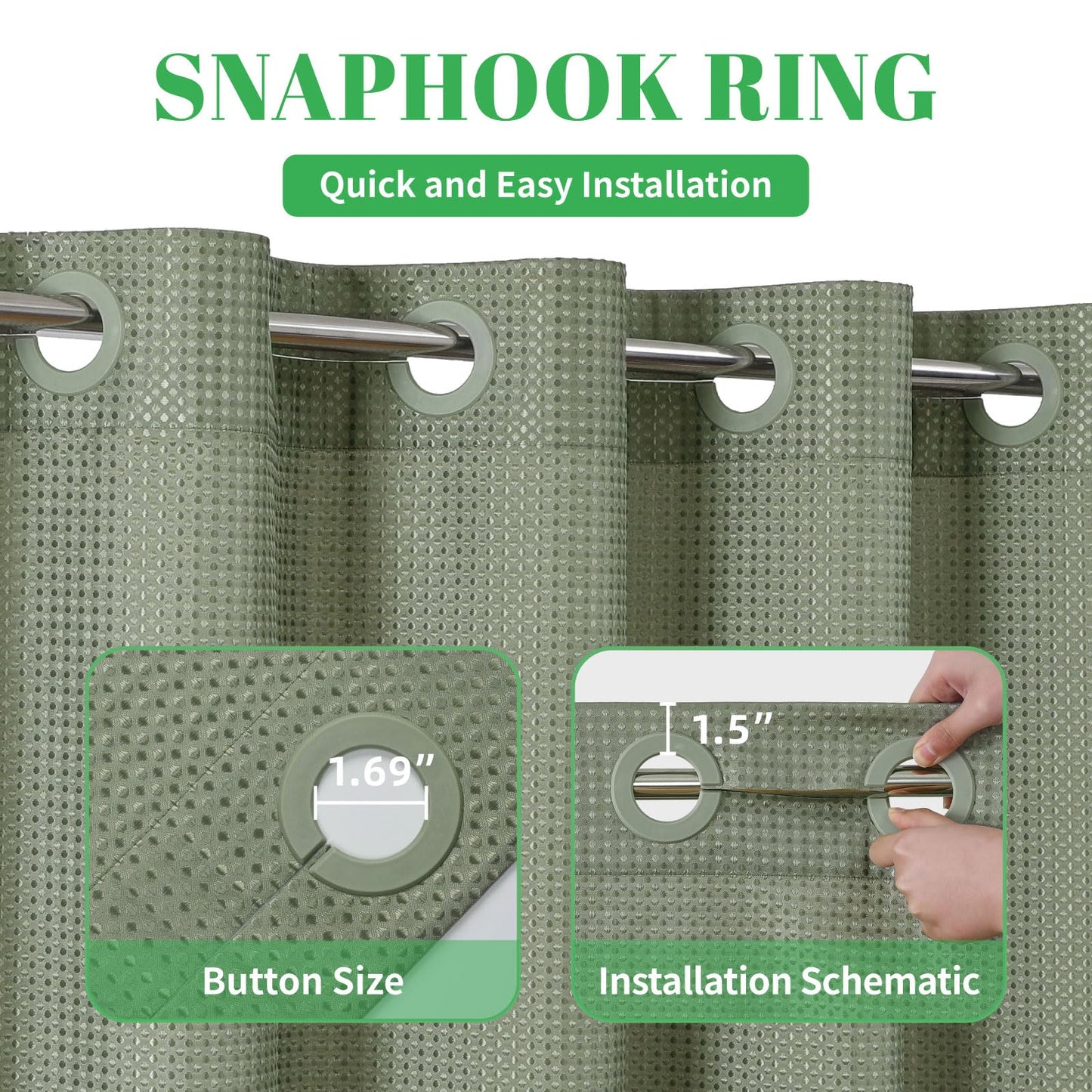 No Hook/Liner Waffle Shower Curtain, Waterproof, 71x74 Inch Sage Green