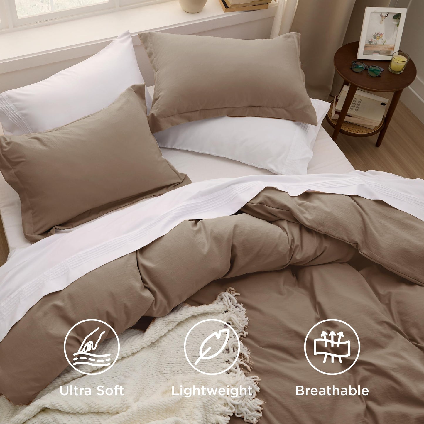 Bedsure Brown Duvet Cover Queen Size - 3 Pieces Prewashed Cotton-Like Polyester Extra Soft Bedding Set, Includes 1 Duvet Cover 90x90 Inches with Zipper Closure & 2 Pillow Shams, No Comforter