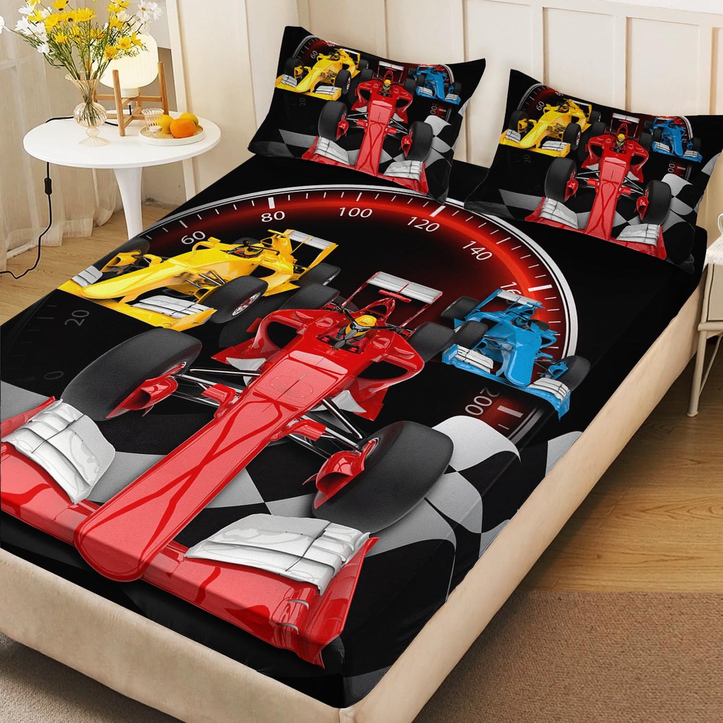 AILONEN Red Racing Car Fitted Sheet Set,Black and White Grid Extreme Sport Bed Sheet Set Queen Size,Speed Dial Pattern Bedding Set for Kids Boys,1 Fitted Sheet 2 Pillowcases,3-Piece,Soft Microfibre
