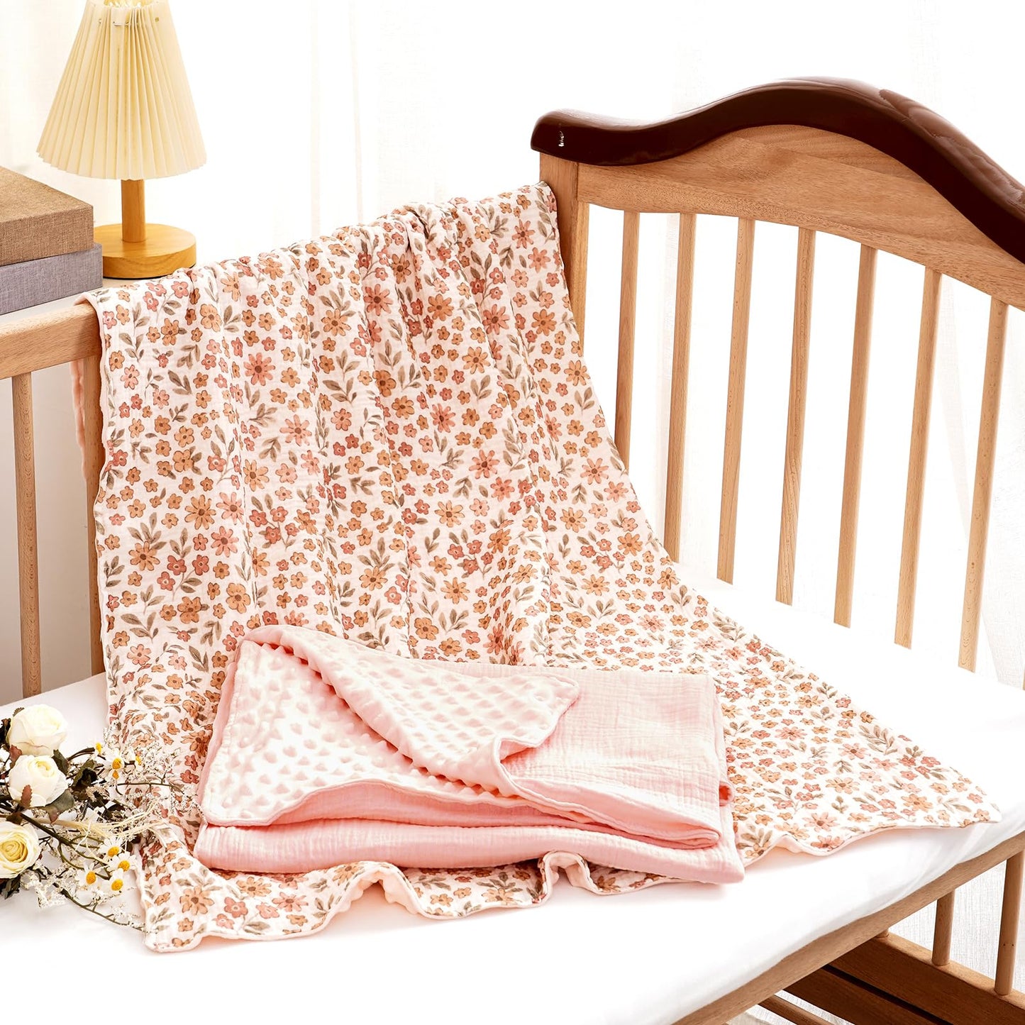 CoolaPeach 2 Pack Minky Baby Blankets,Super Soft Receiving Blankets with Muslin Cotton Front & Dotted Fleece Backing,39x29.5 Inches,Printed Bed Throws Newborn(Florals)