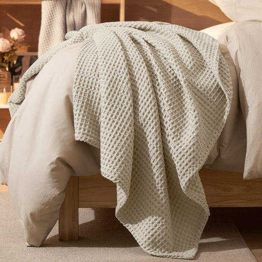 PHF Ultra Soft Waffle Weave Blanket Throw Blanket, Lightweight Breathable Cooling Skin-Friendly Throw for Spring Summer for Hot Sleeper，Aesthetic Home Decor for Bed Couch, Light Khaki/Linen, 50"* 60"