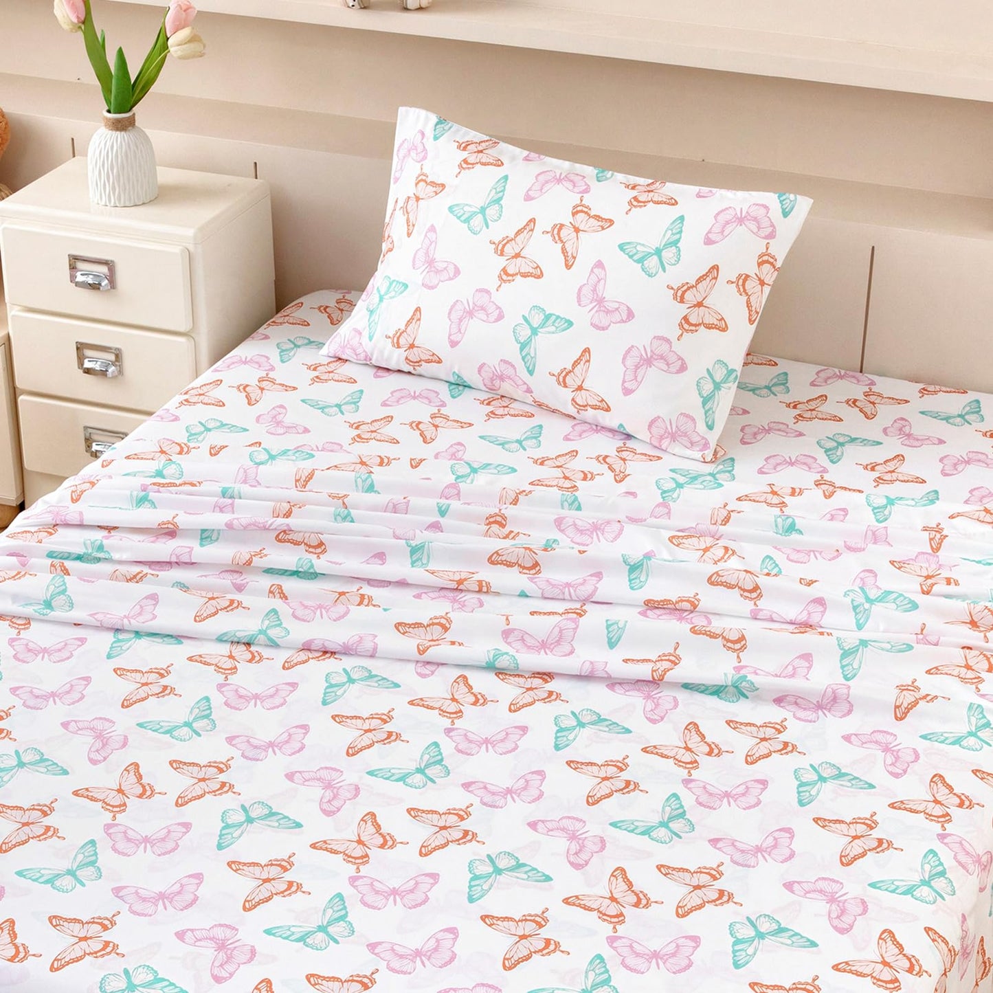MICORAL Kids Twin Sheet Set Butterfly, 3 Pieces Sheets for Boys & Girls, Soft Printed Microfiber Bed Sheets, Deep Pocket Cozy Toddler Bedding Set