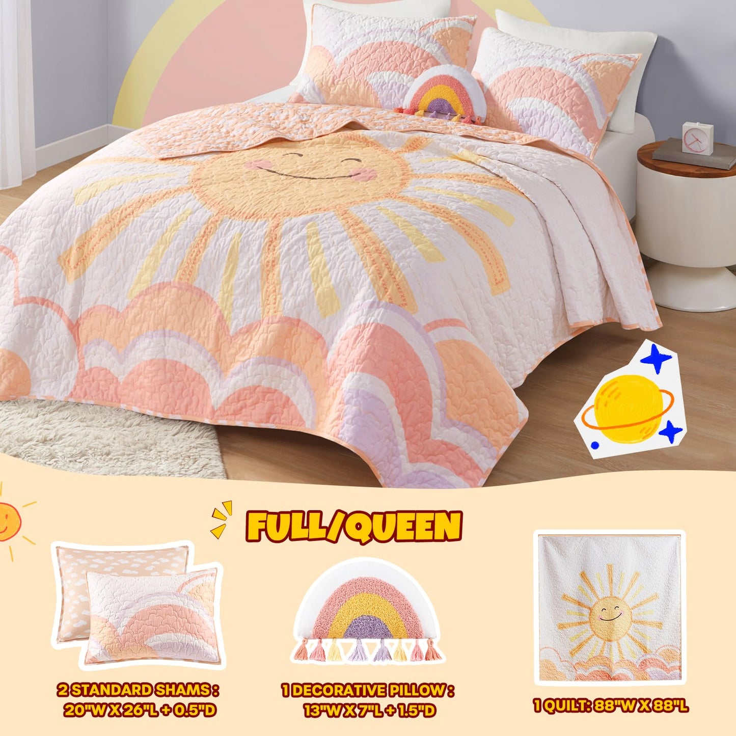 Intelligent Design Kids Queen Bedding Set Cotton Sun Full Size Quilt Sets for Girls Rainbow & Clouds Reversible Queen Coverlet Dawn Light & Breathable Sham Throw Pillow Full/Queen Yellow/Coral 4 Piece