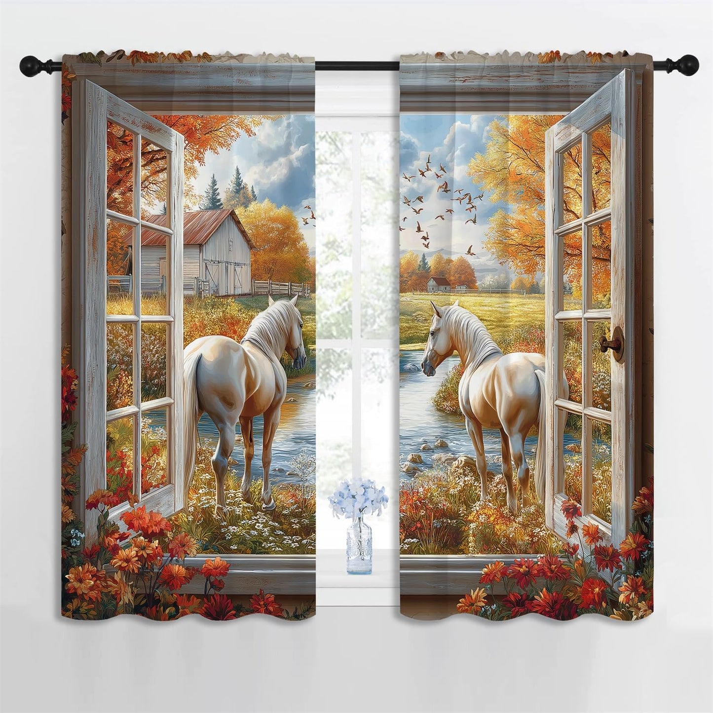 Farm Horse Boy Girls Blackout Curtains,Rustic Sunset Nature Scenery Western Country Farmhouse Barn Cabin, 2 Panel Rod Pocket Thermal Insulated Drapes for, Living, Kids Teen Room Deco 42x63 inch