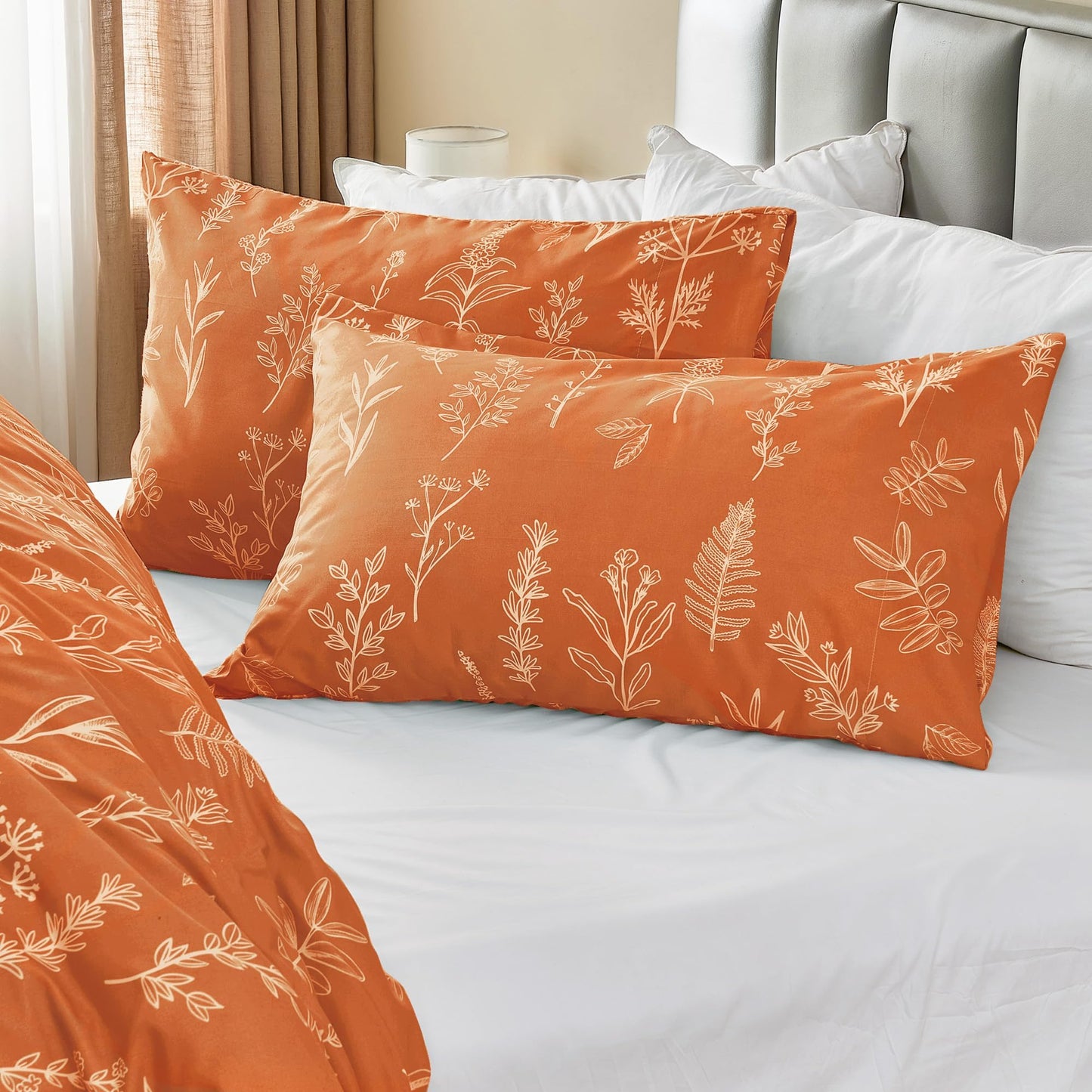 MUXHOMO Duvet Cover Queen Size, Reversible Floral Caramel Duvet Cover Set with Zipper Closure, 3 Pieces Botanical Patterns Soft Microfiber Bedding Set with 4 Ties (90"x90", 2 Pillow Cases)